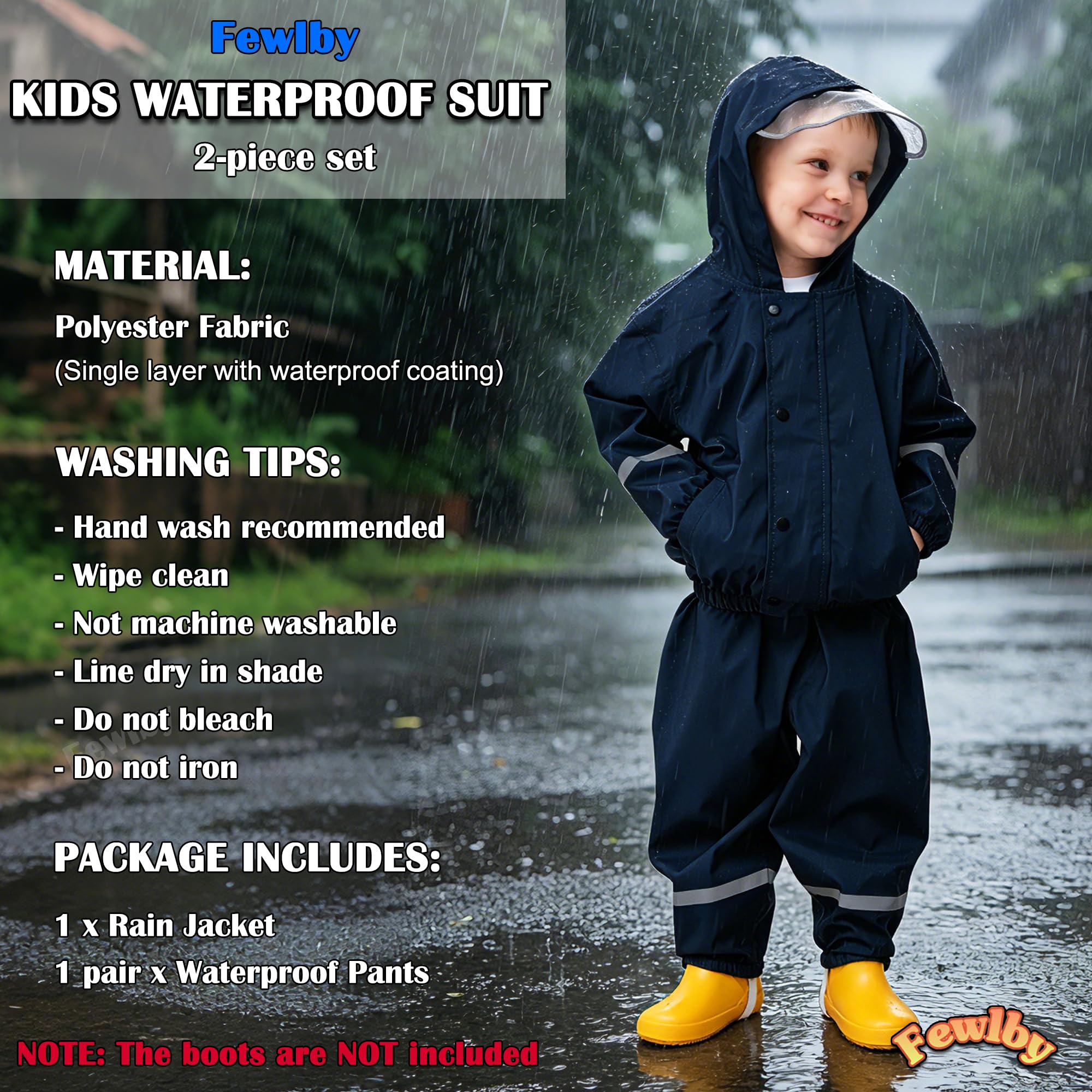 Fewlby Enfant Combinaison Imperméables, Veste de Pluie + Pantalon Imperméable 2PCS Ensembles, Filles Garçons Manteaux Imperméables Pantalon de Pluie Réutilisables Vêtements de Pluie