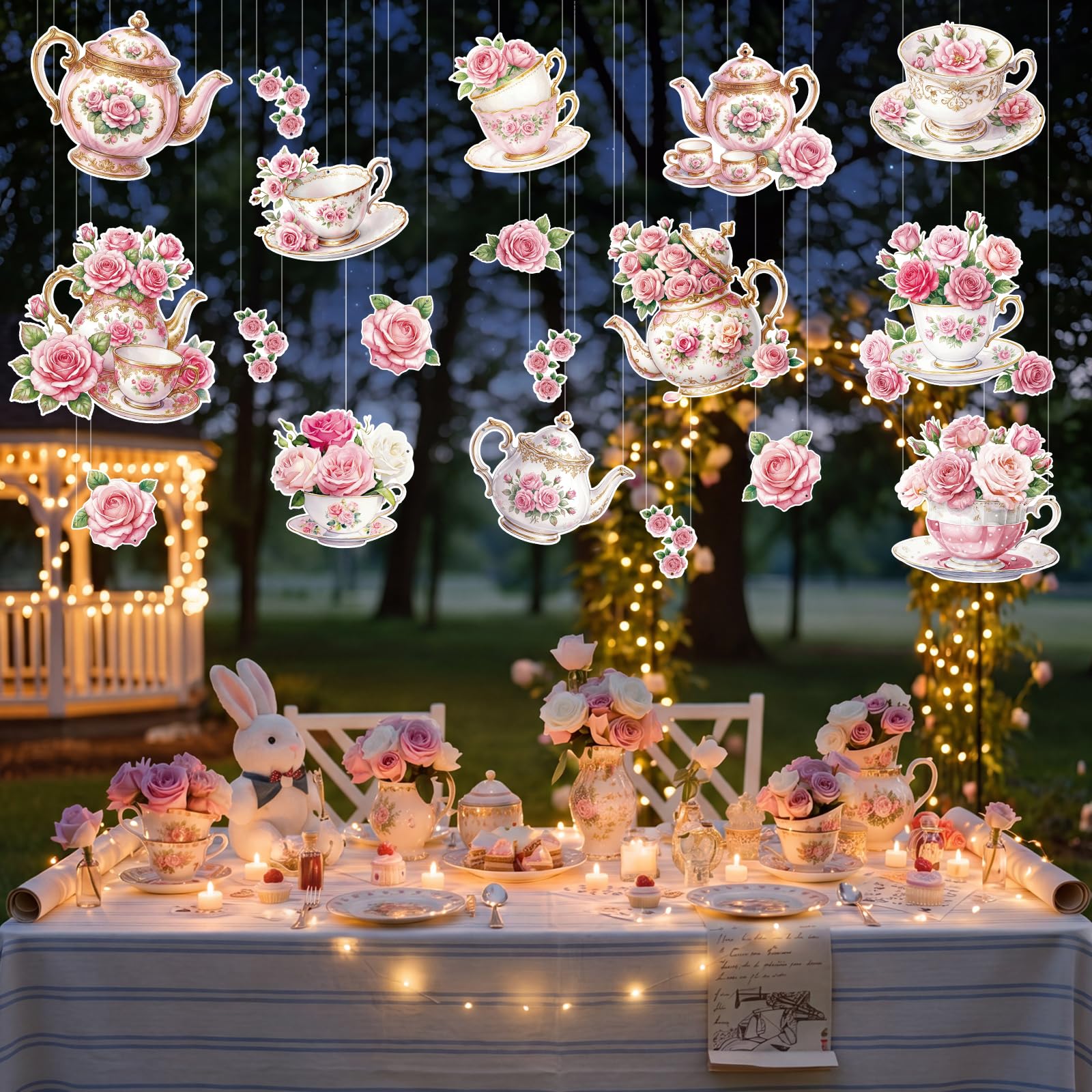 Photo 1 of Eersida 20 Pcs Large Tea Party Decorations Double Sided Floral Teapot Hanging Banner Wonderland Tea Party Garland Decoration Background for Garden Birthday Baby Shower Bridal Wedding