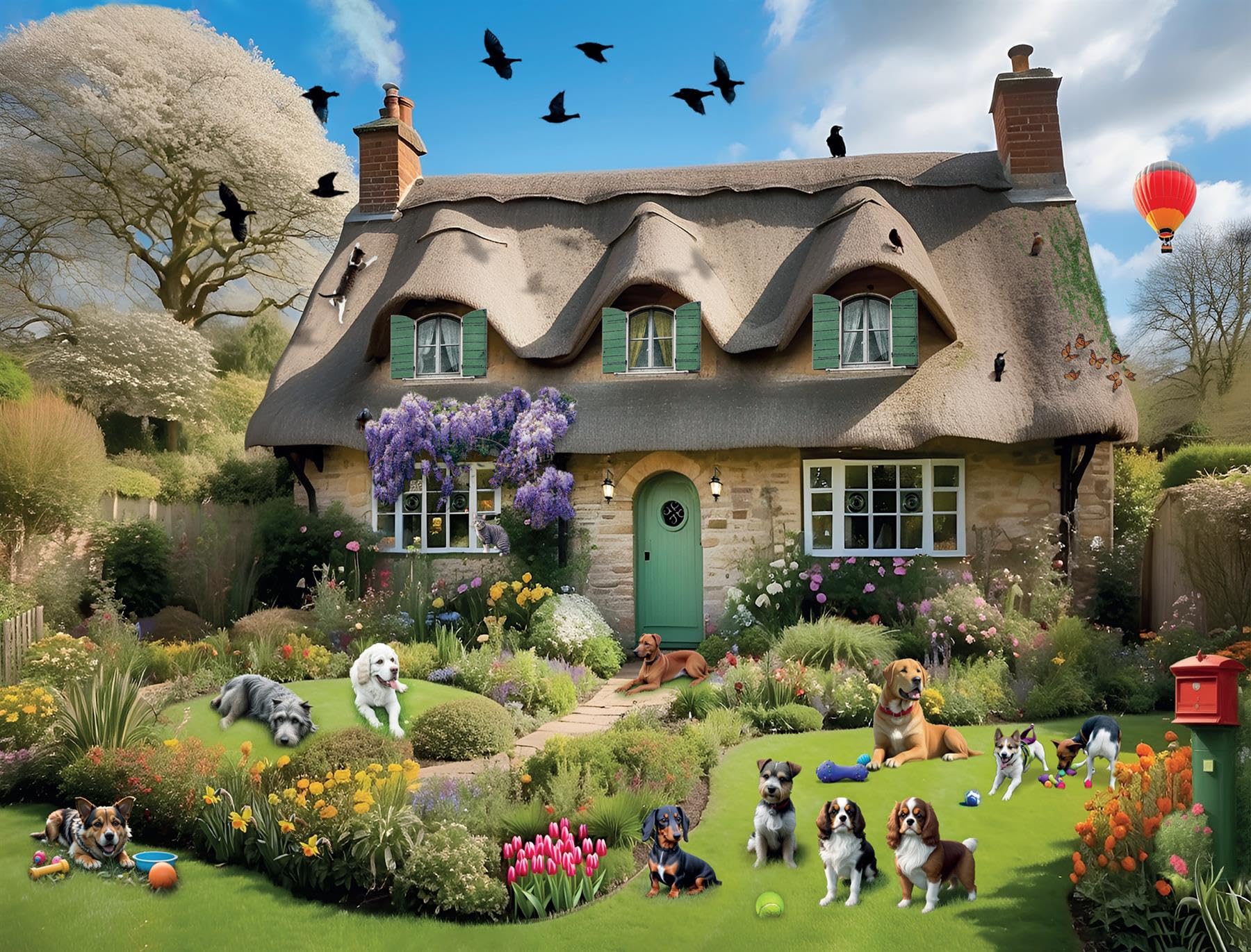 Spring Garden Dogs Jigsaw Puzzle 1000 Piece, Charming Country Cottage with Flowers & Dogs - Image 3