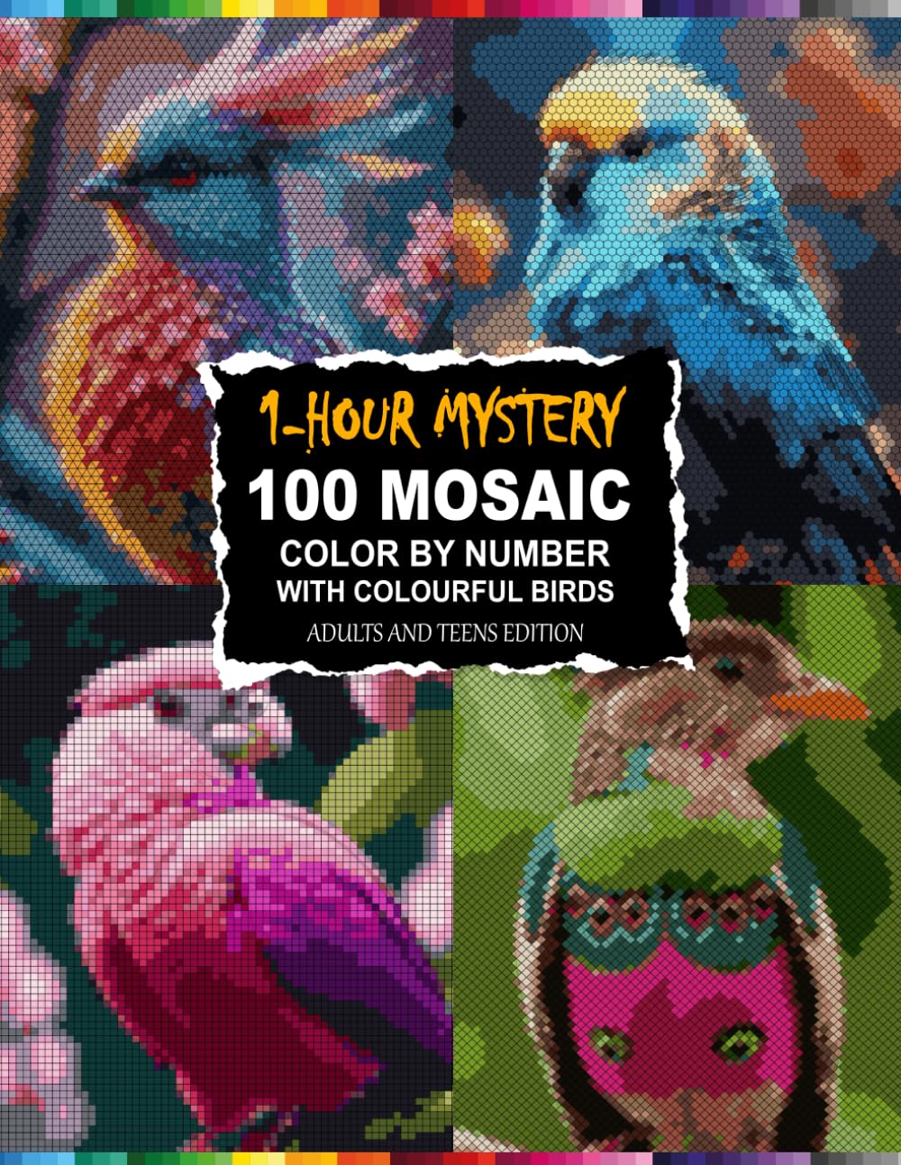 1-Hour Colorful Birds Mosaic: Hidden Pixel Color by Number for Adults and Teens