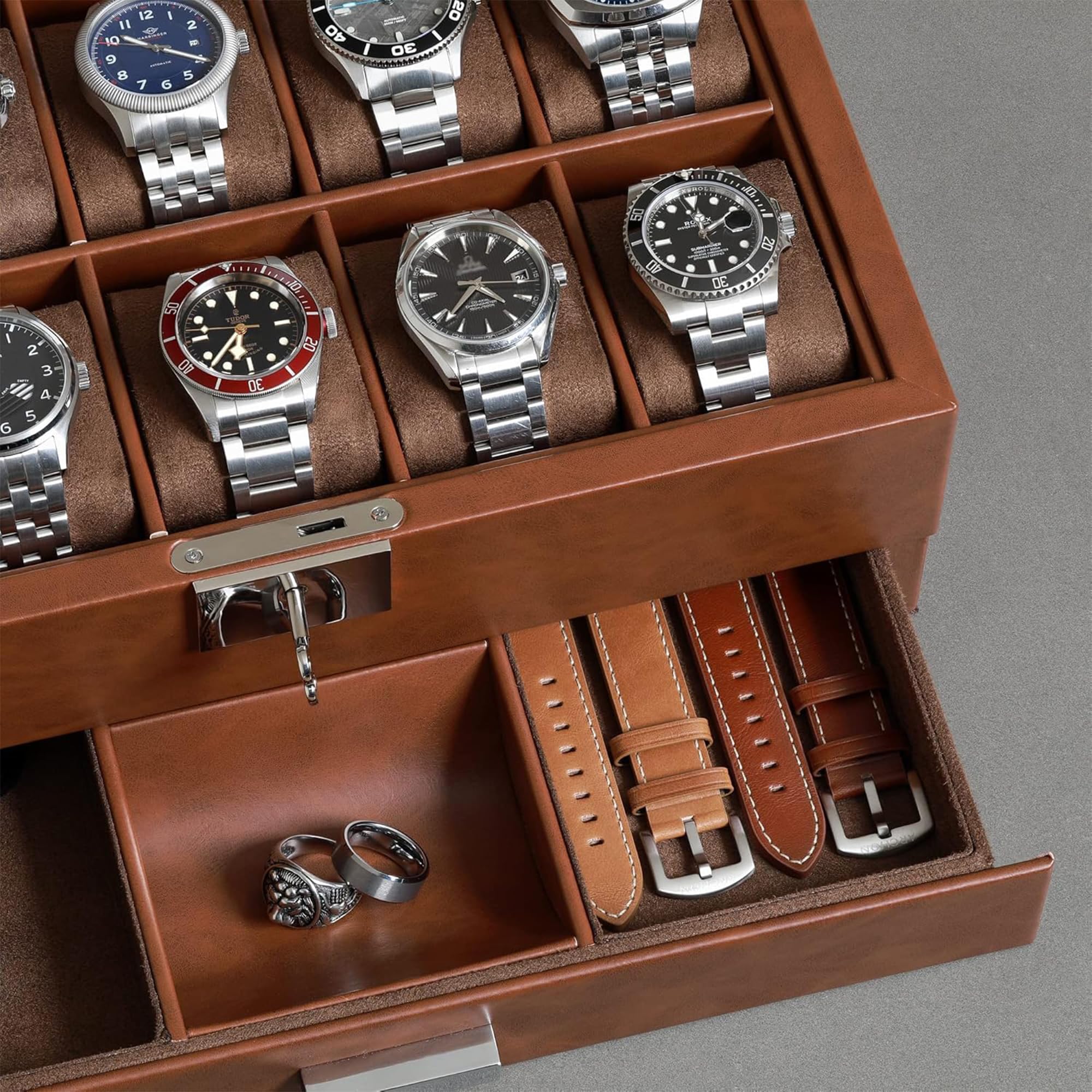 ROTHWELL Scatola per orologi con 10 scomparti con cassetto per riporre orologi, organizer di lusso per orologi, fodera in microfibra ultra morbida, chiusura a chiave, con grande ripiano in vetro
