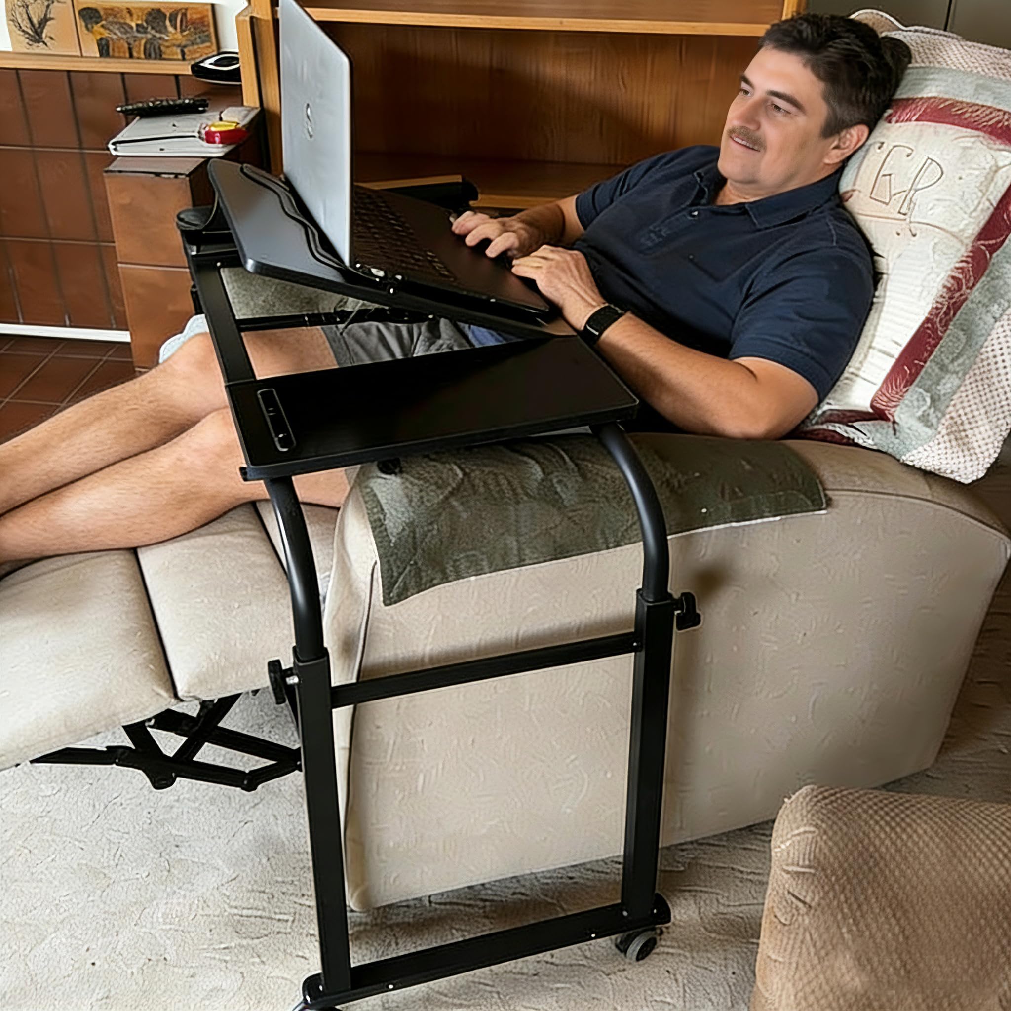 KOMOREBI Overbed Table with Wheels Laptop Desk Cart Table Over The Bed Table Adjustable Height and Length for Hospital and Home use