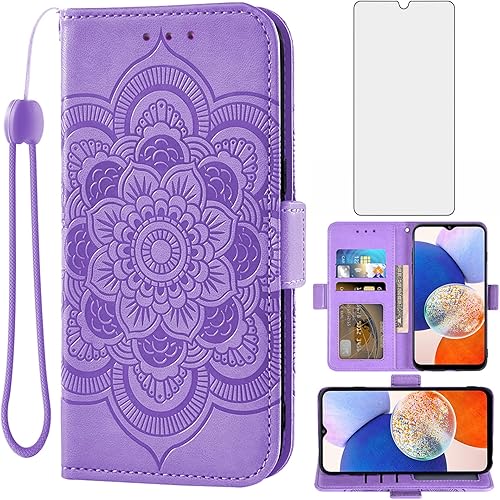 Asuwish Funda de teléfono para Samsung Galaxy A14 5G con protector de pantalla de vidrio templado y soporte de tarjeta de crédito con tapa de cuero,