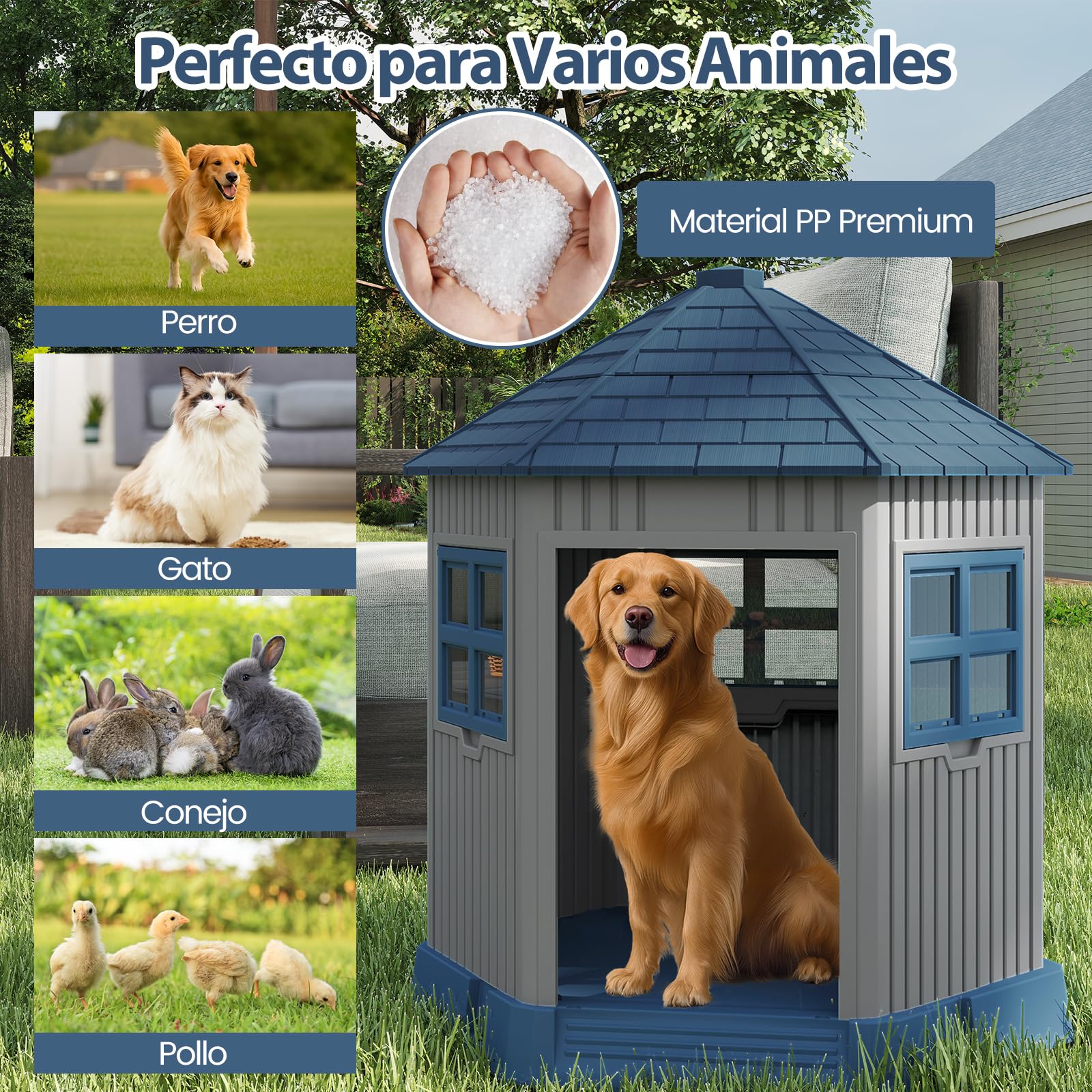 COSTWAY Caseta Perros Exterior de Plástico, 76x90x96 cm, Casa para Perros Grande con 2 Ventanas y Claraboya, Techo Inclinado, Entrada Amplia, Impermeable, Caseta para Perro en Forma de Granero
