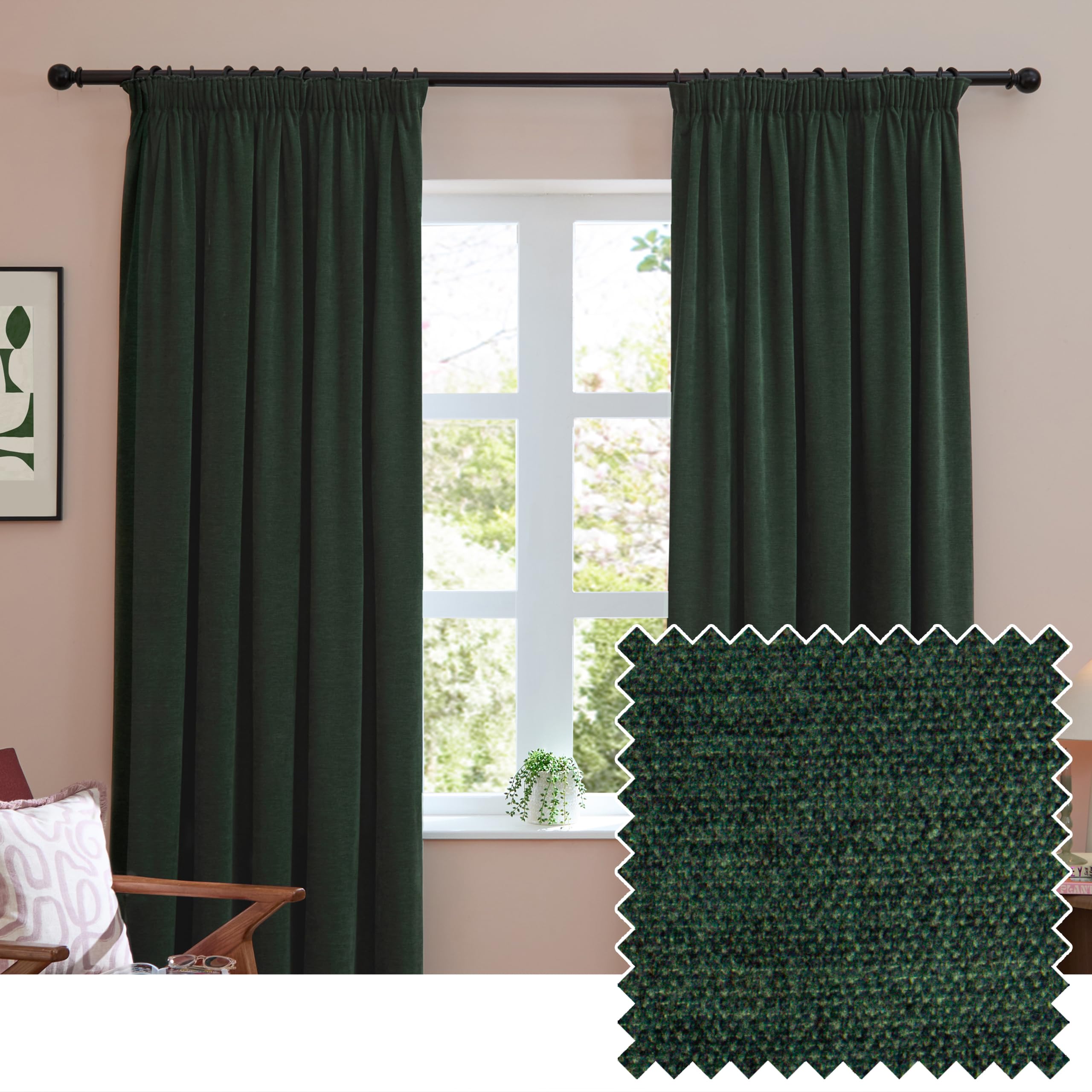 Furn Unisex Bottle Green Soft Chenille Blackout Pencil Pleat Curtain Pair In | Size: 117Cm Width X 183Cm Drop