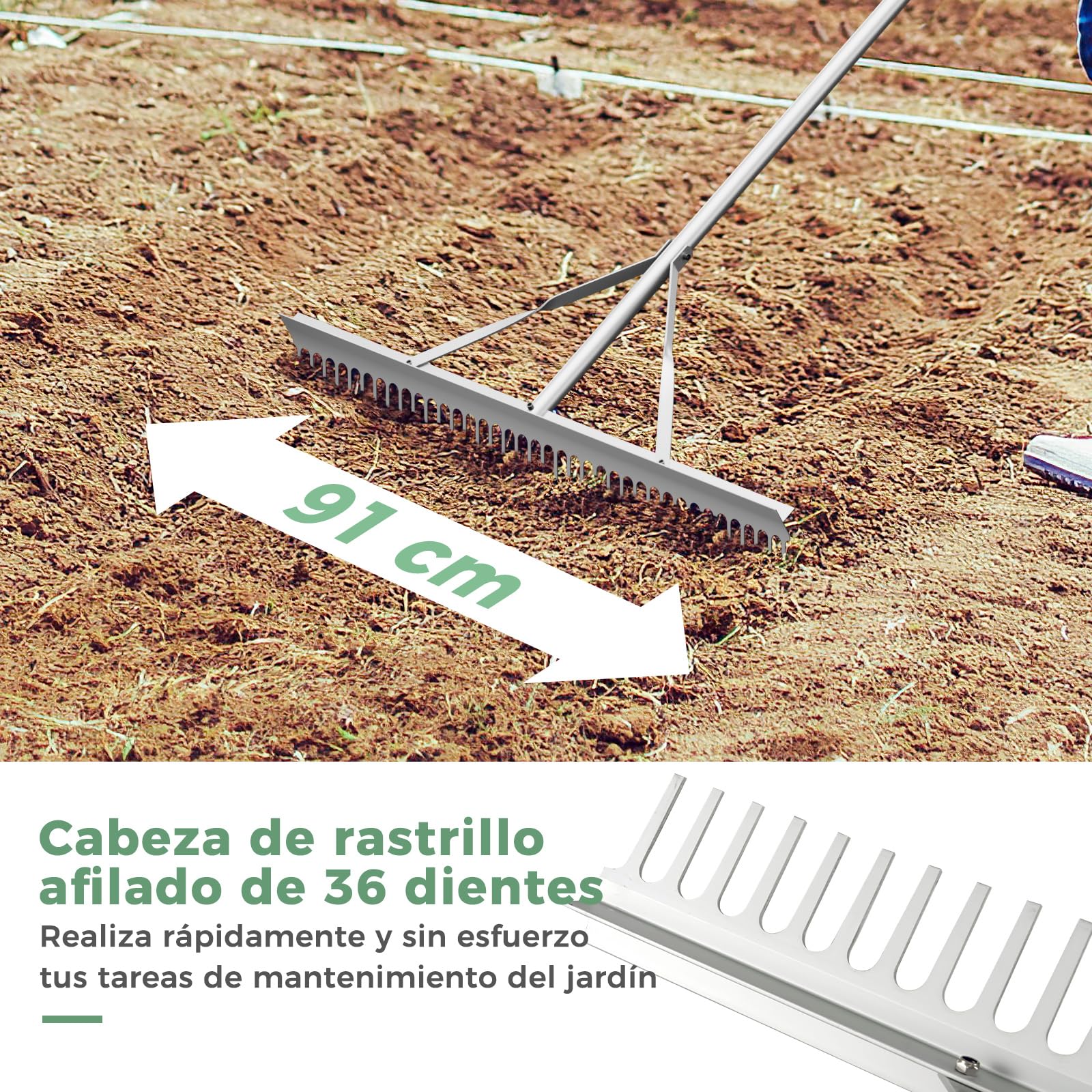 COSTWAY Rastrillo de Jardin, Rastrillo Jardin con Mango de 174 cm, 36 Púas, Rastrillo De Aluminio Cuidado del Césped, Jardín, Lago, Estanque, Playa