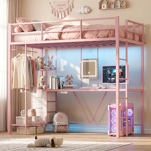 FUQARHY Twin Size Loft Bed with Desk, Bunk Bed with Storage Drawers Underneath, Metal Loft Bed Twin with Vanity, No Box Spring Needed (Pink)