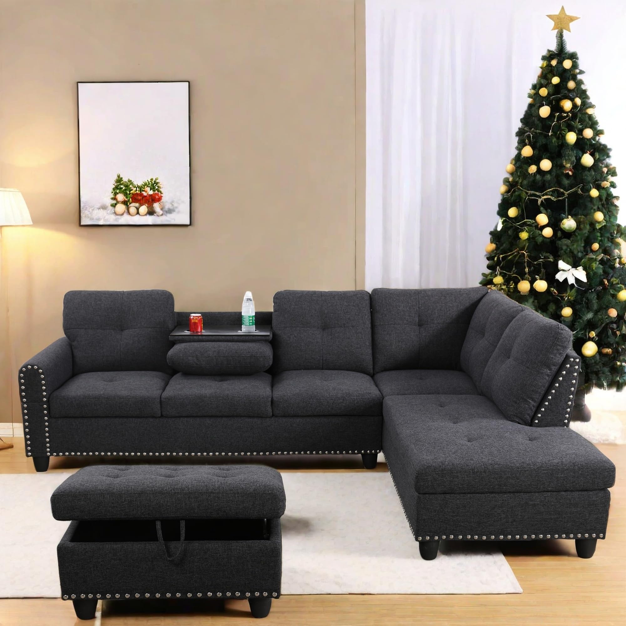 fontoi l shaped sectional couch with otttoman, 97" sectional sofa for living room flannel modular couches with cup holders for bedroom, apartments, black grey