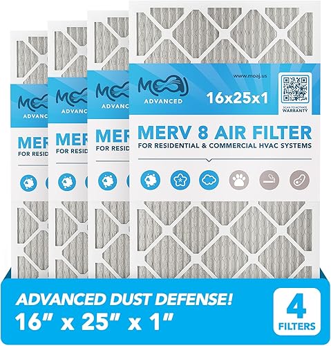 Filtro de aire de 16 x 25 x 1 (paquete de 4)  MERV 8  MOAJ Elite Dust Defense  Con base en Estados Unidos  Filtros de aire de repuesto plisados de