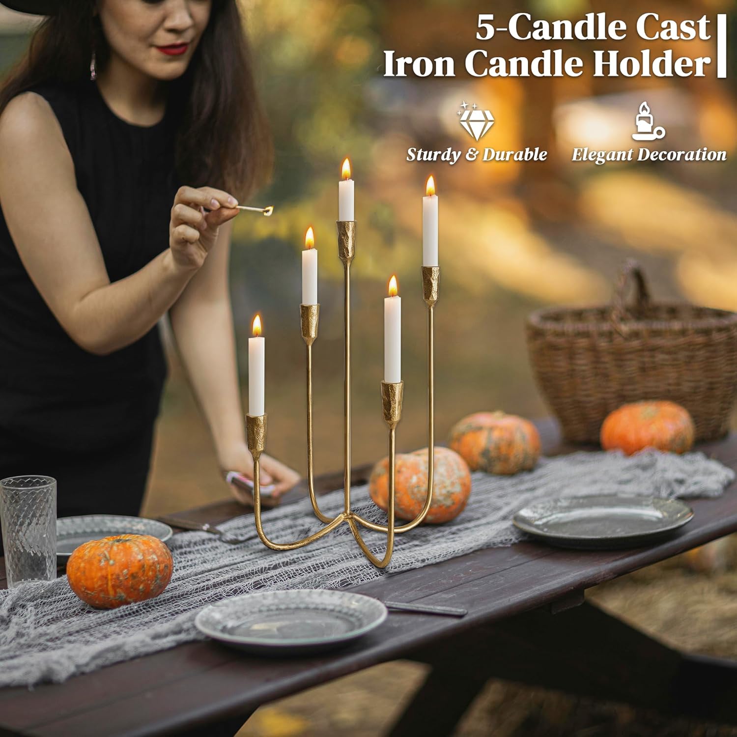 Iron Tabletop Candelabra, Hand-Forged 5-Candle Cast Iron Candle Holder with Elegant Muted Vintage Gold Finish for Dining Room, Living Room, Mantel