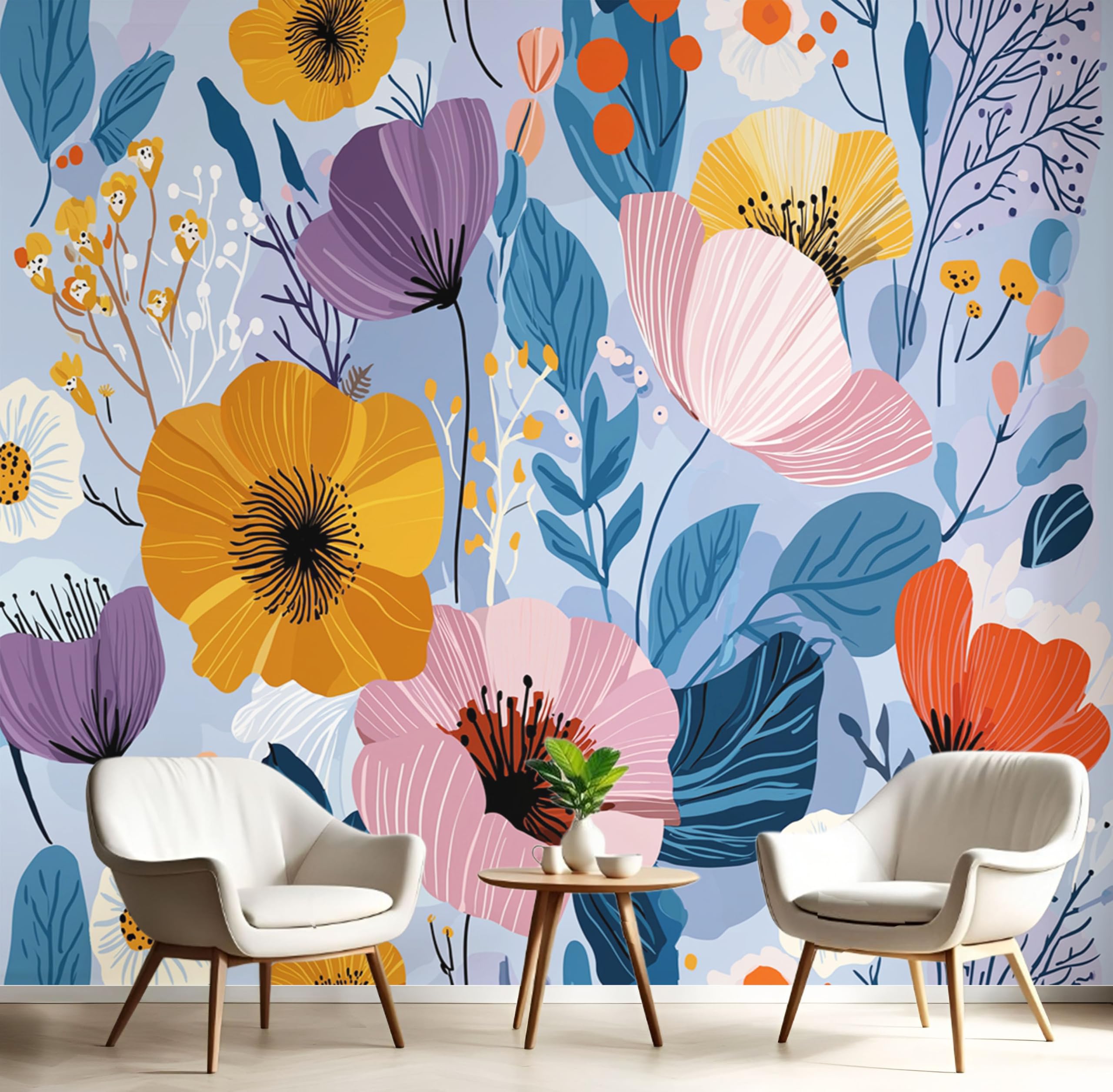 Papel pintado de mural seda standard Amapola Abstracta tapiz azul lavable