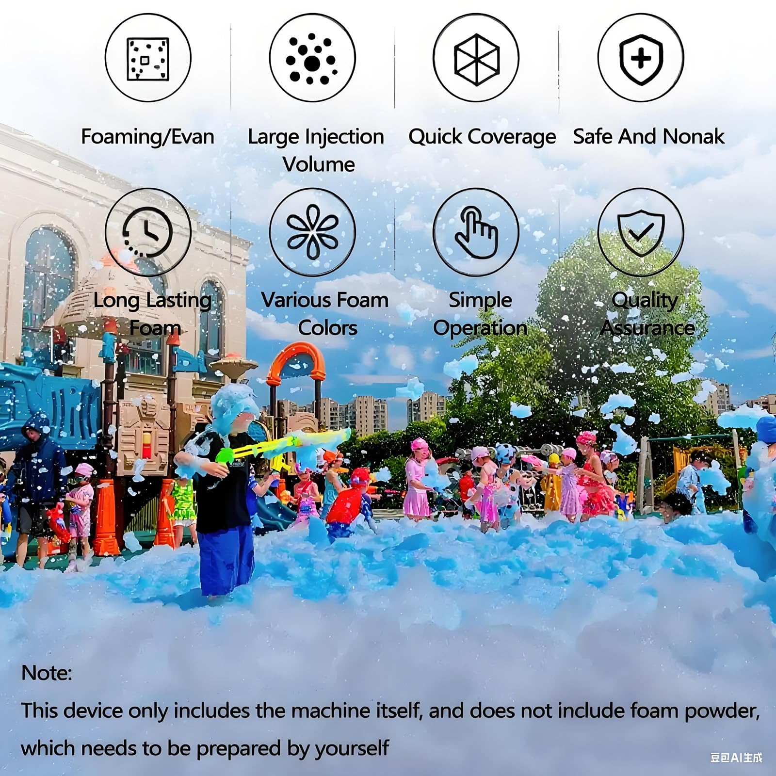 Macchina della Schiuma 1000W Ad Alta Potenza Grande Macchina della Schiuma,Angolo Regolabile,Distanza 6-10m/Area 80㎡ per Effetto di Fase Jet Foam Party All'aperto,Feste,Bambini,Estate,Nuoto