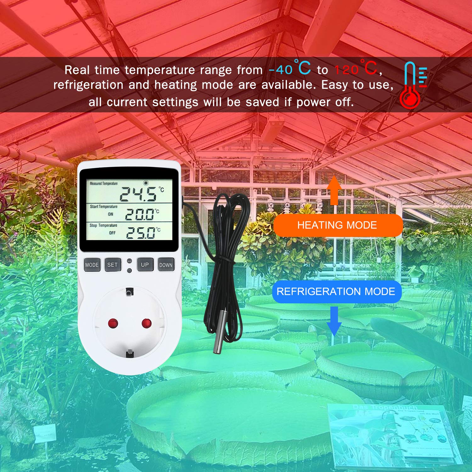 Reptilien Thermostat, Digitaler Thermostatregler mit Timer und Sonde für temperaturgesteuerte Steckdosen für Terrarium-Aquarium-Reptilien mit Treibhaussaatkeimung