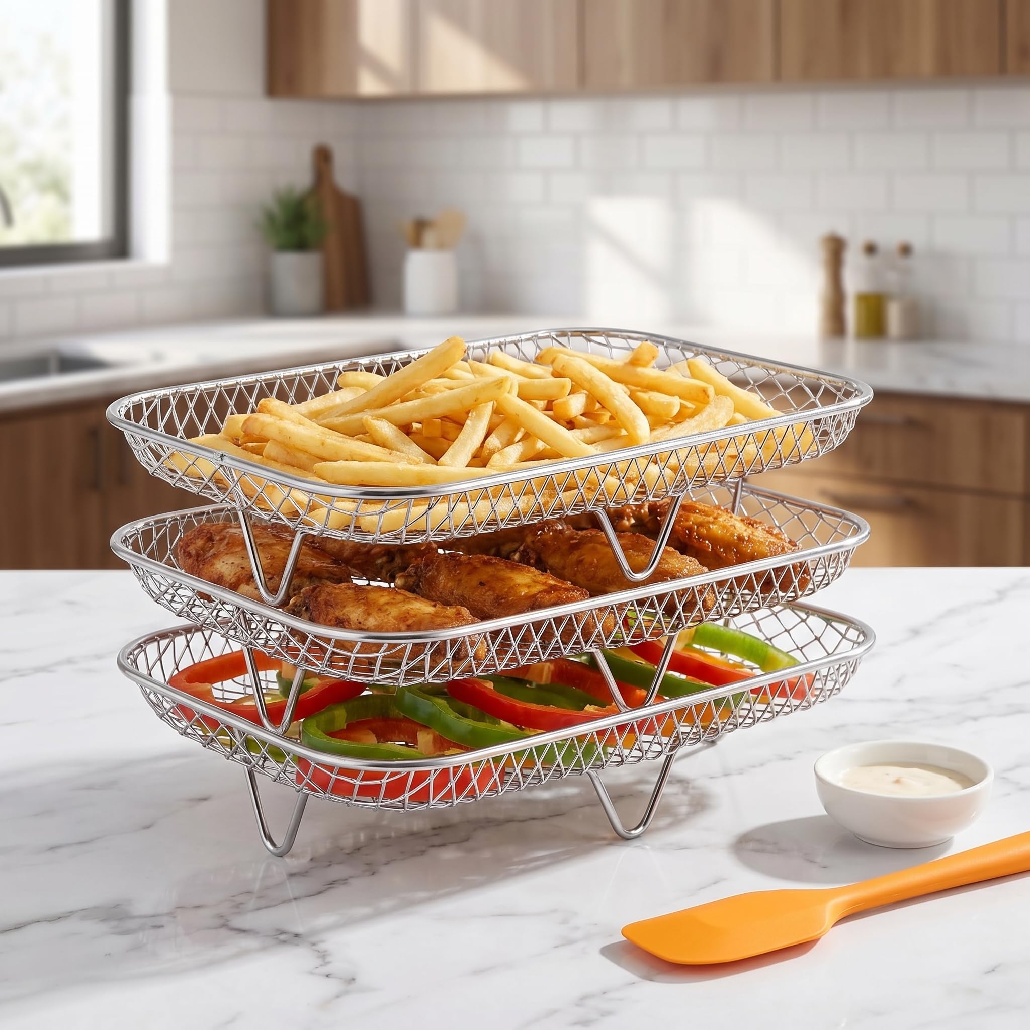 Accessori per Friggitrice ad Aria, Griglia 3 Strati Impilabile in Acciaio Inossidabile Compatibile con Ninja AF300EU/AF400EU/Cookwise, Ideale per Patatine, Carne, Verdure