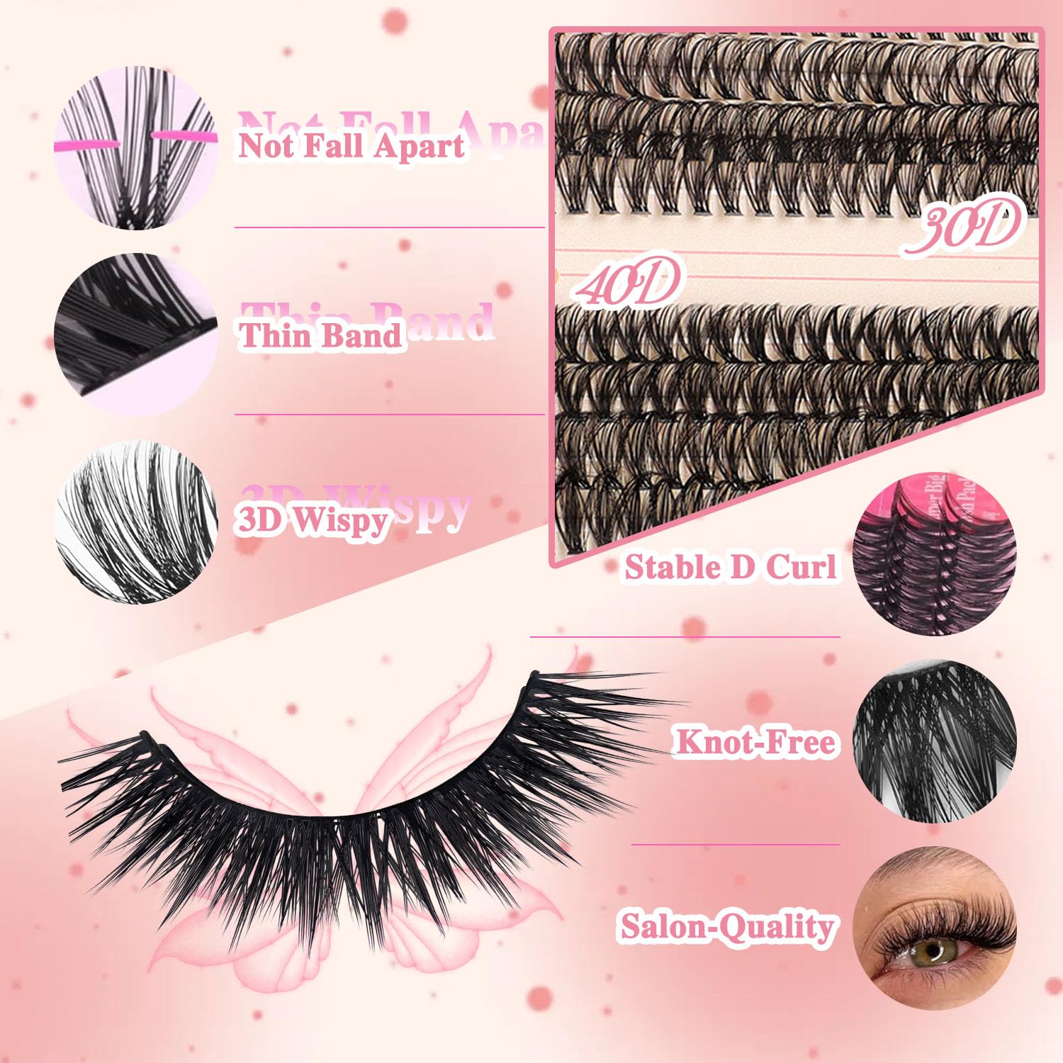 MOTIBACK 480pcs DIY Mixed False Eyelashes Kit, Individual & Cluster Lashes (30-100D, 10-16mm), Black - Image 4