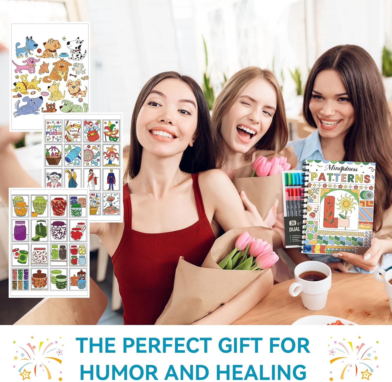 Adult Coloring Book Set- for Adults Relaxation with 36 Dual-Tip Markers in a Case, Anxiety Relief Patterns Included Mandala Animal Flowers and Other Themes,Perfect Stress-Relieving Gift for Women