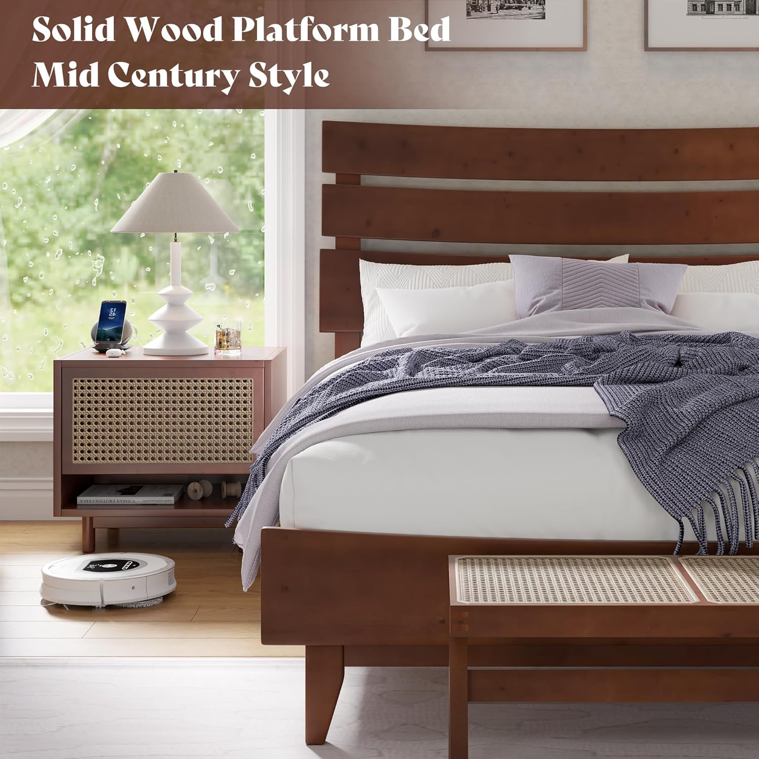 VanAcc King Size Solid Wood Platform Bed Frame, Walnut Mid-Century Style with Slatted Headboard & Wood Slat Support, No Box Spring Needed