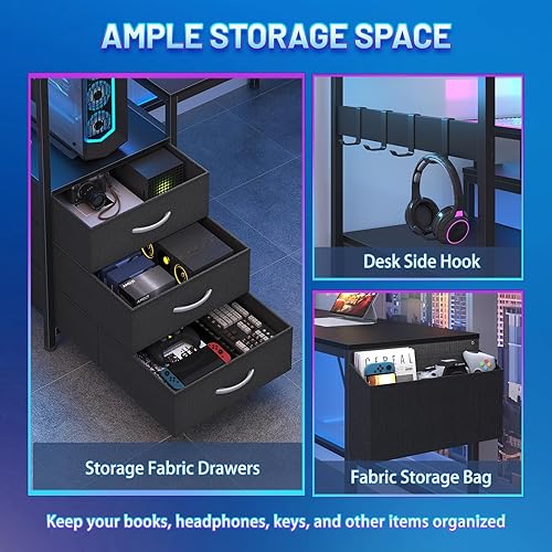 Miniatura 5 de Escritorio para juegos en forma de L de 63 pulgadas con toma de corriente y luces LED, escritorio reversible en forma de L con 3 cajones para