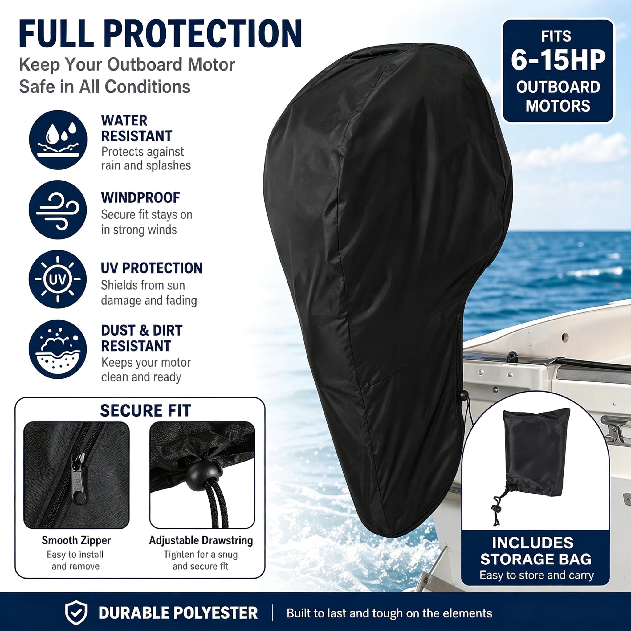 Bootsmotorabdeckung, Außenbordmotorabdeckung Voller Bootsmotorabdeckung Wasser Polyester Windschutz Außenborder Motorabdeckung mit Aufbewahrungstasche 0 bis 20 (6-15 PS)