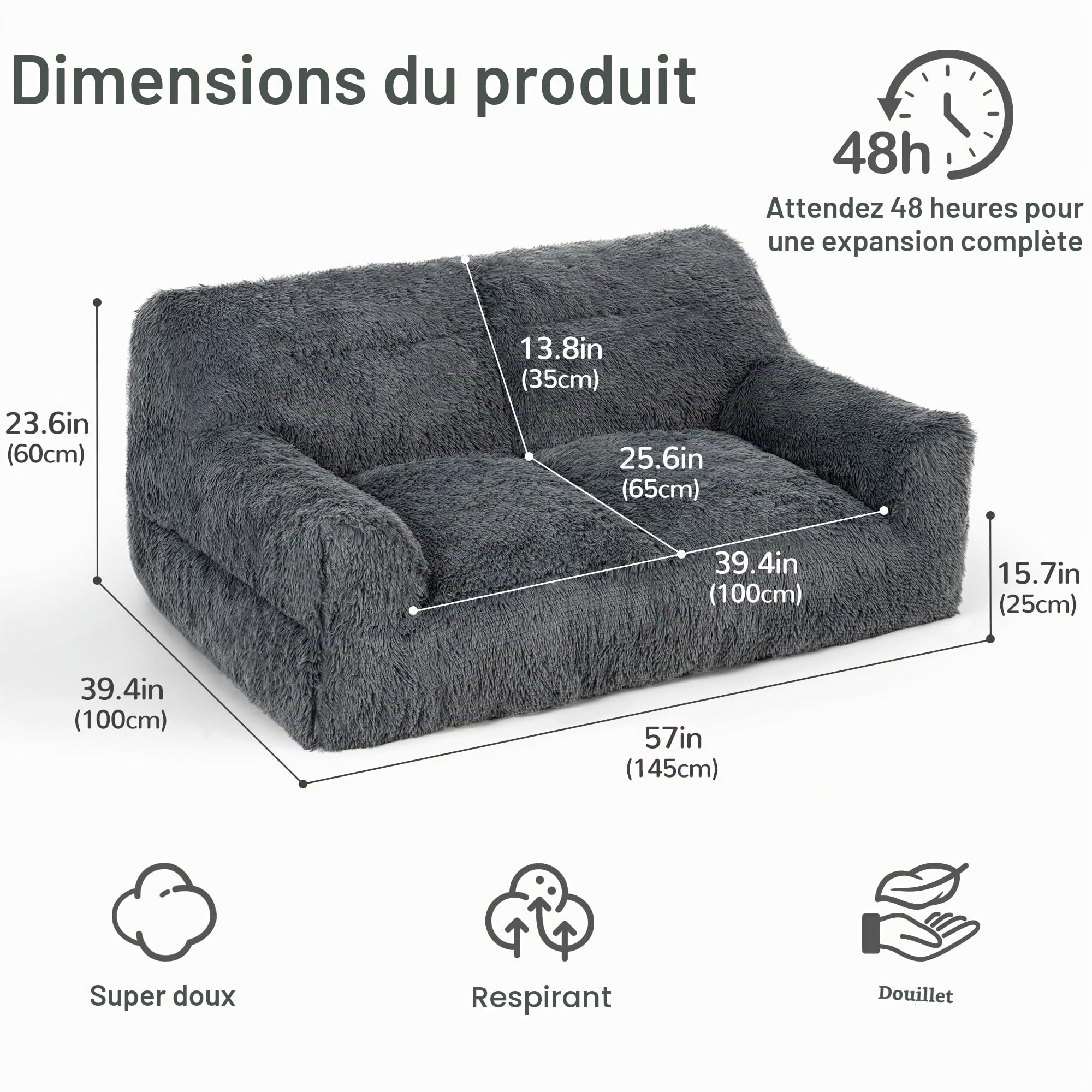 Pamapic Pouf Salon, Pouf Géant 2 Places avec Éponge de Remplissage, Fauteuil Salon en Fausse Fourrure, Doux et Confortable, Idéal pour Salon, Chambre, Design Ergonomique pour Adulte, Enfant, Gris