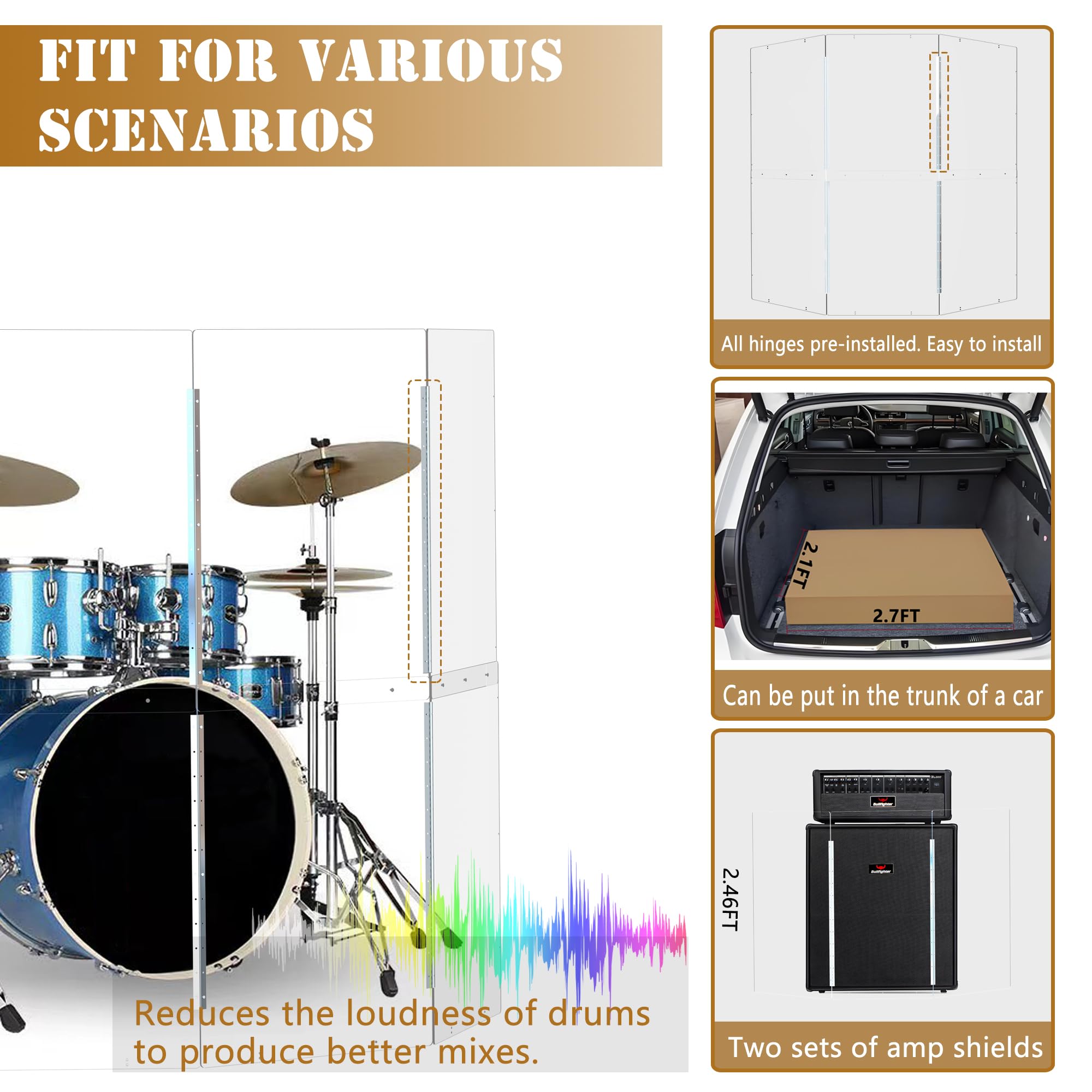 Bouclier de batterie portable | 0,6 x 1,5 m | Barrière acoustique en