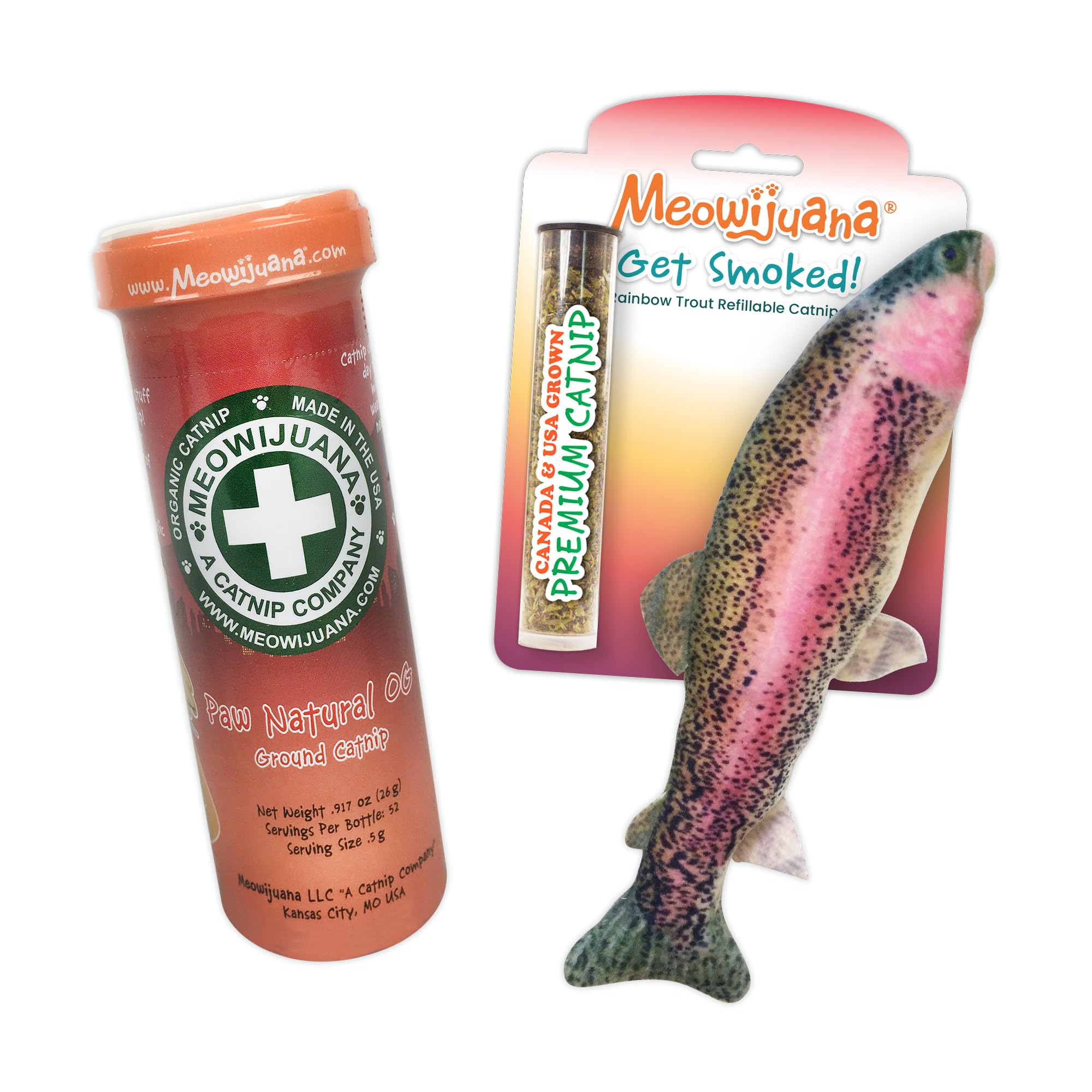 Meowijuana Clawsome Bundle | Get Smoked Refillable Trout Toy and Paw Natural OG Catnip Blend | Promotes Play and Cat Health | Includes North American