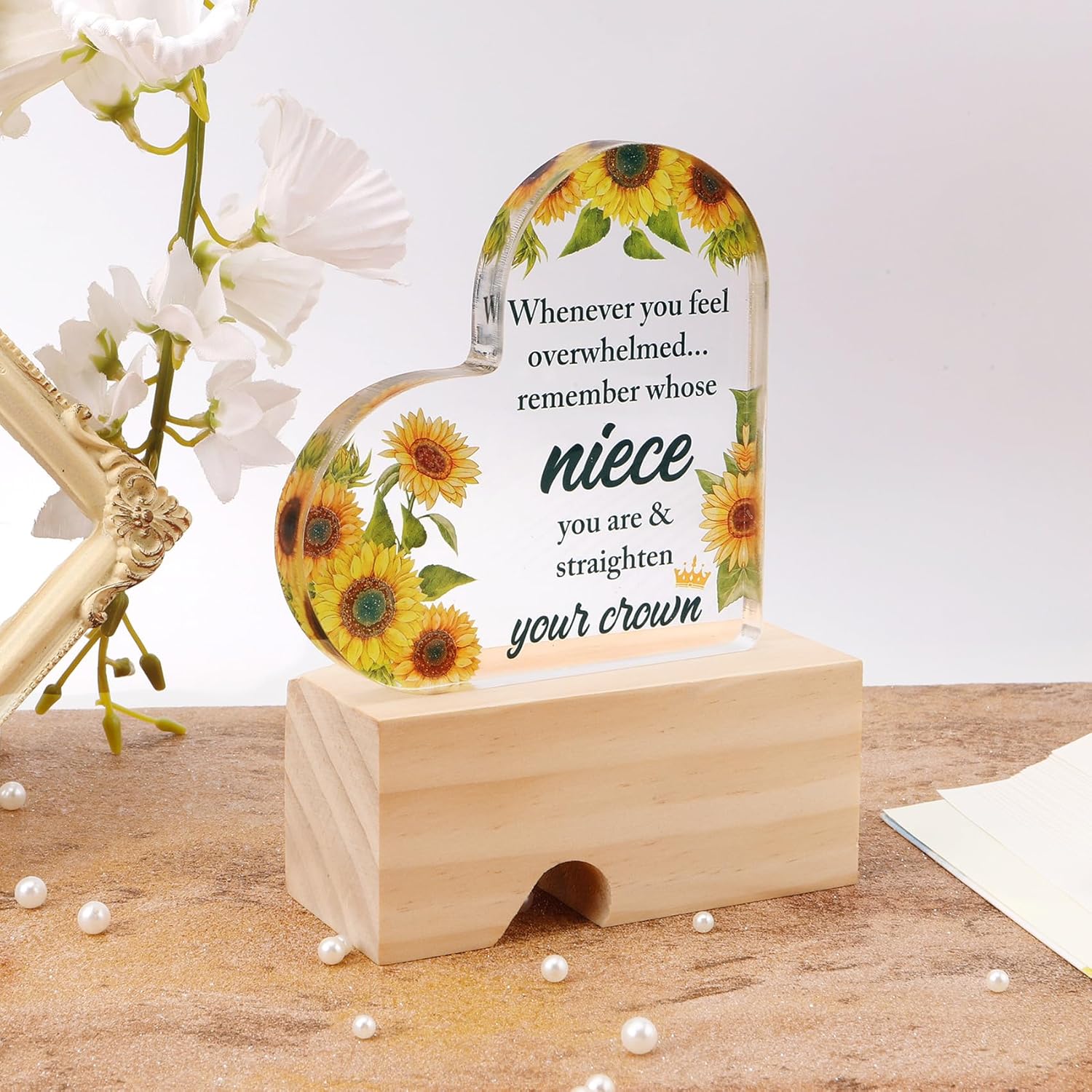 Niece Gifts from Auntie Aunt Sunflower Gifts for Women Teen Girls Inspirational Gift Ideas Heart Shaped Acrylic Block Plaque Unique Niece Birthday Graduation Mothers Day Christmas Valentines Day Gift - Image 3