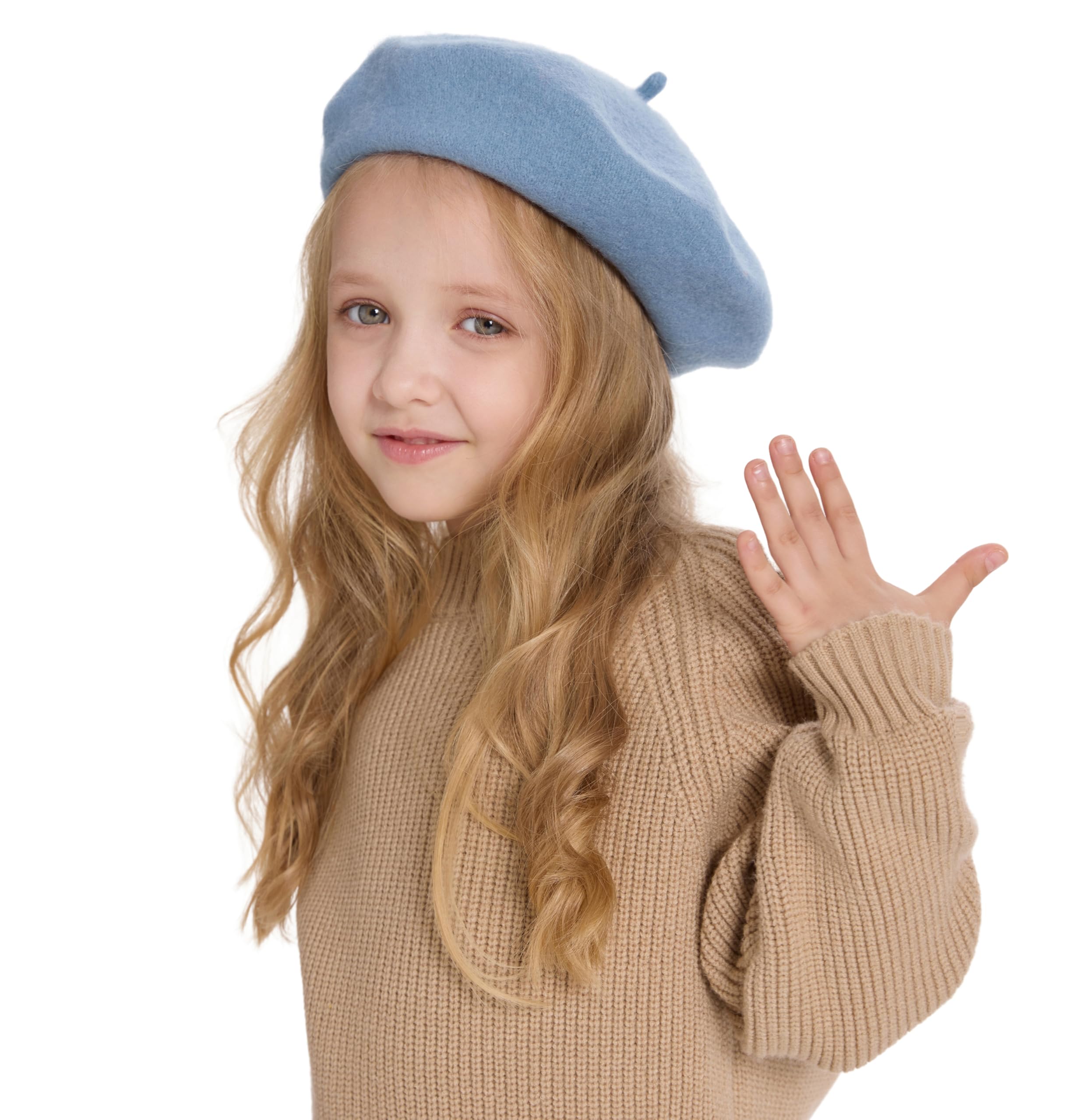 ZLYC Wool Kids Beret Hat Girls Solid Color Artist French Beret Cap(Sky Blue) - Image 3