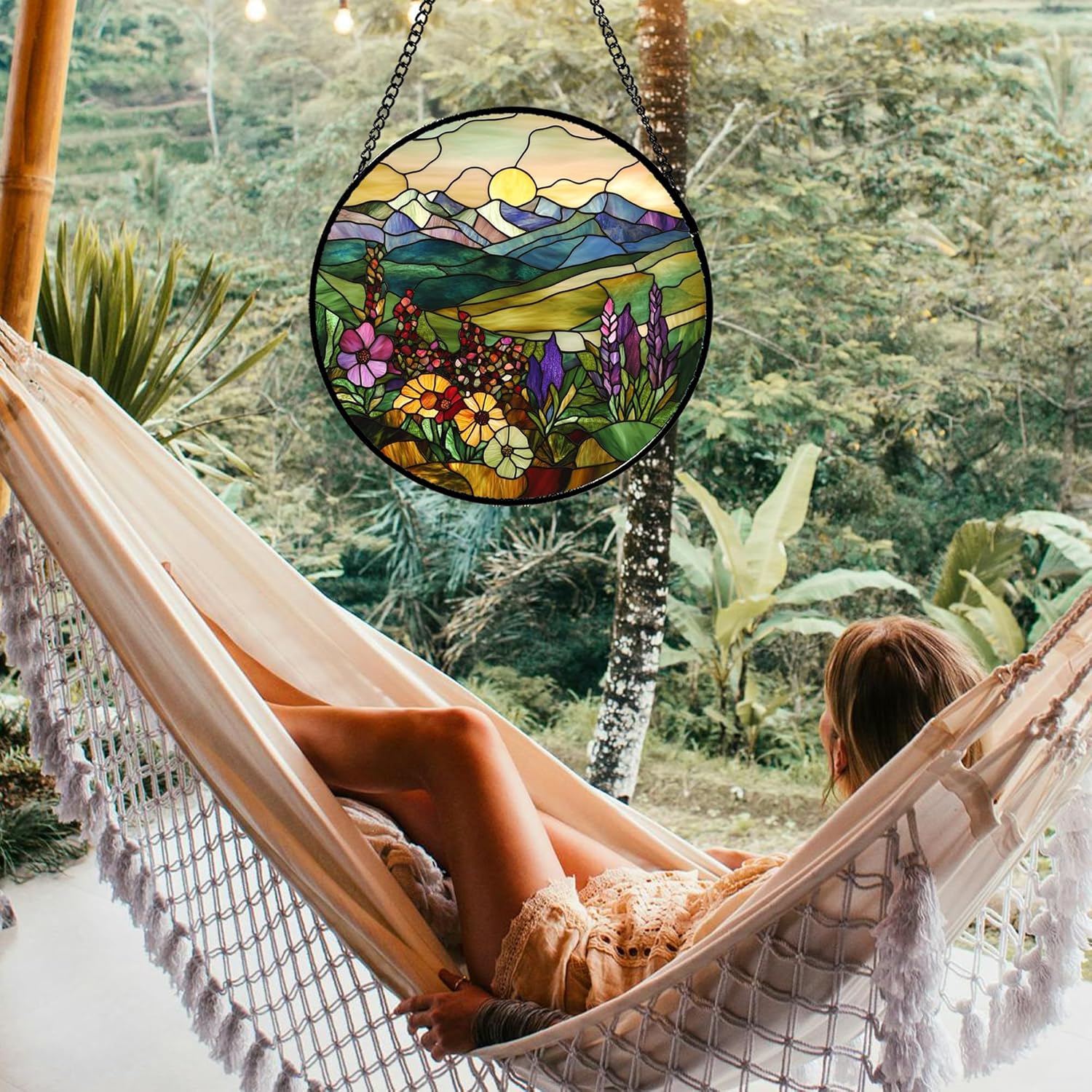 Stained Glass Window Hanging Purple Wildflowers Pastoral Scenery 7.8" - Suncatcher Door Garden Sun Catcher Home Decor Birthday Christmas for Mom Men Woman Friend - Image 4