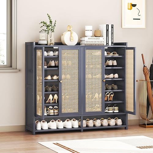 Miniatura 6 de Gabinete de almacenamiento de zapatos de bambú, armario de zapatos de 8 niveles con puertas, estante independiente para zapatos deportivos para