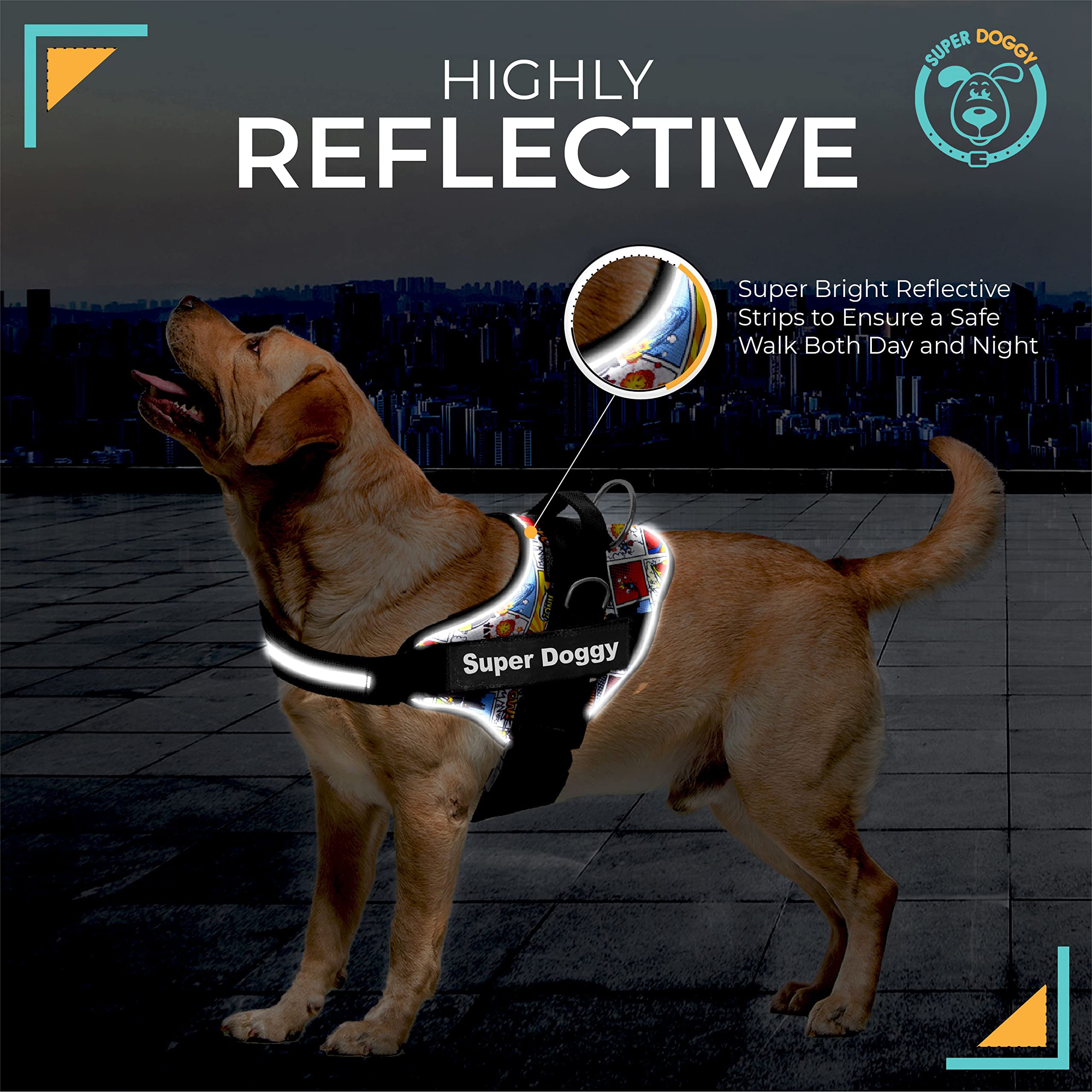 SUPER DOGGY Arnes Personalizado para Perros - Tamaño Pequeño, Mediano y Grande - Incluye 2 Etiquetas con Nombre - Pechera para Perros Reflectante y Seguro (XS 3-7KG, Cómic)