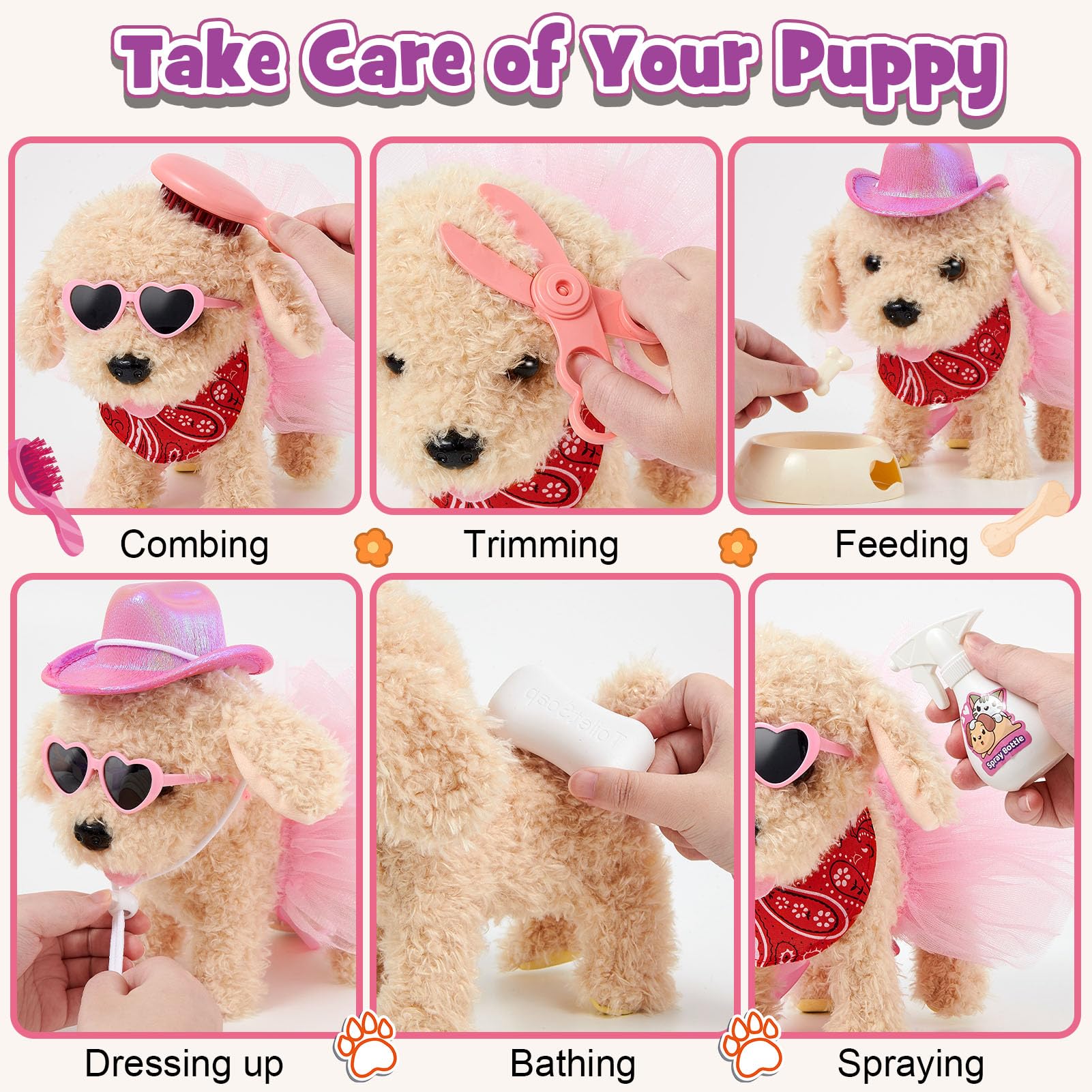 Toyssa Perrito Juguete Ladra y Anda con Correa, Perro Peluche Juego de Roles Vestirse Alimentar Bañar Perro Juguete Interactivo Cumpleaños Navidad Regalo Niña Niño 3 4 5 6 7 Años