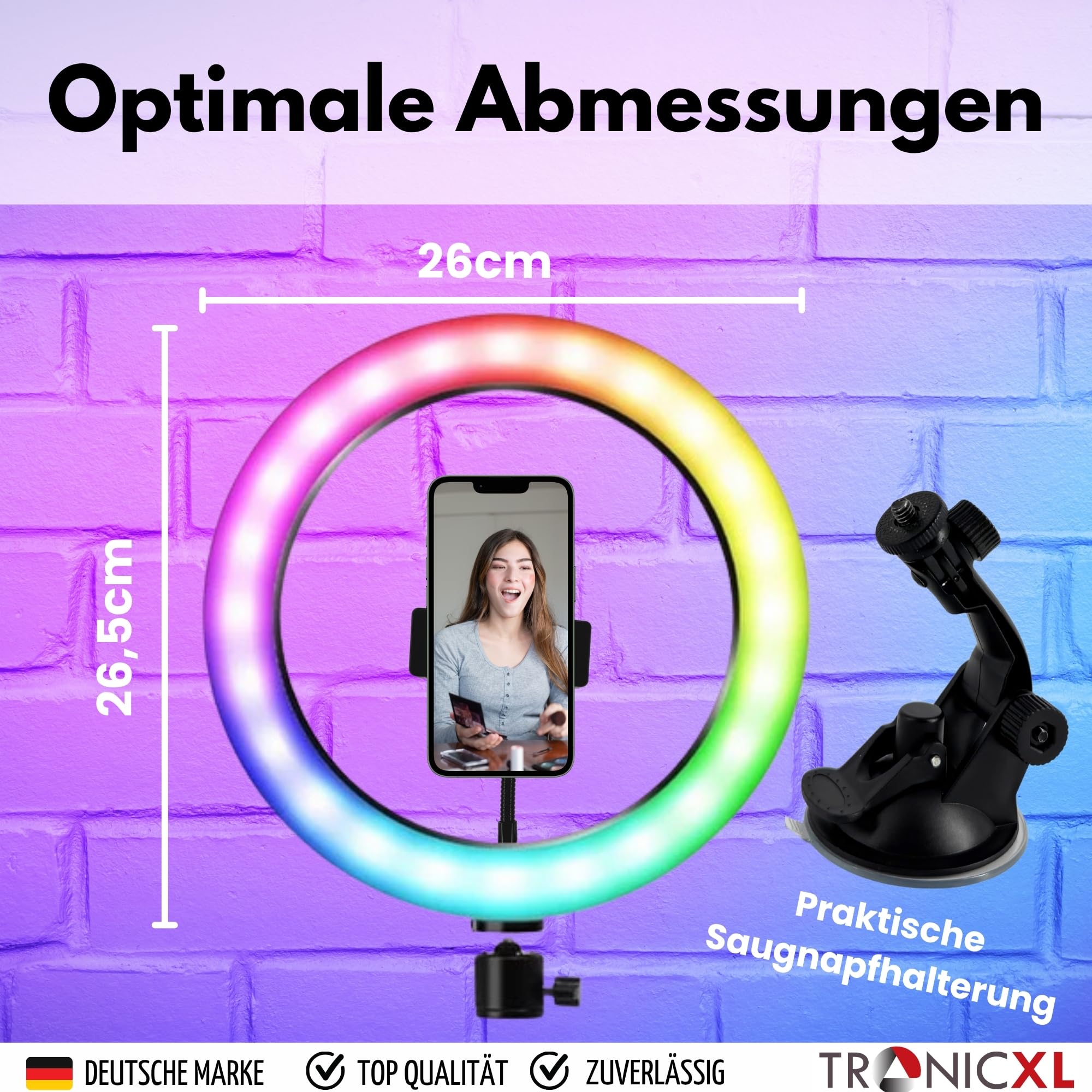 TronicXL Uchwyt na przyssawkę do smartfona z kolorowym światłem pierścieniowym i pilotem zdalnego sterowania I do lustrzanego okna uchwyt na telefon komórkowy I Selfie Video Photo statyw do Apple