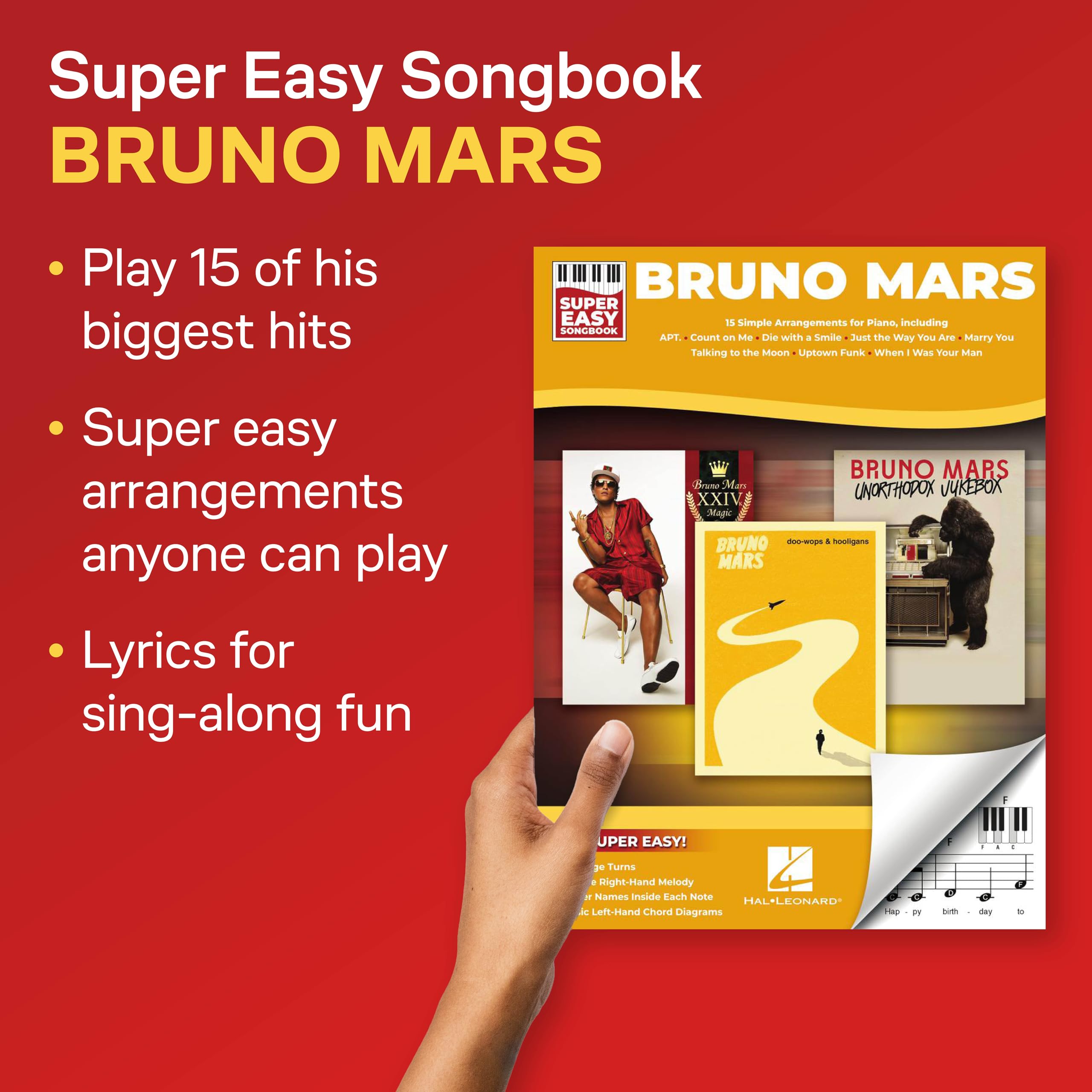 Bruno Mars - Super Easy Songbook per Pianoforte | 15 Successi di Bruno Mars in Arrangiamenti Facili per Principianti | Note con Nomi delle Lettere e Diagrammi di Accordi | Raccolta per Piano Solo