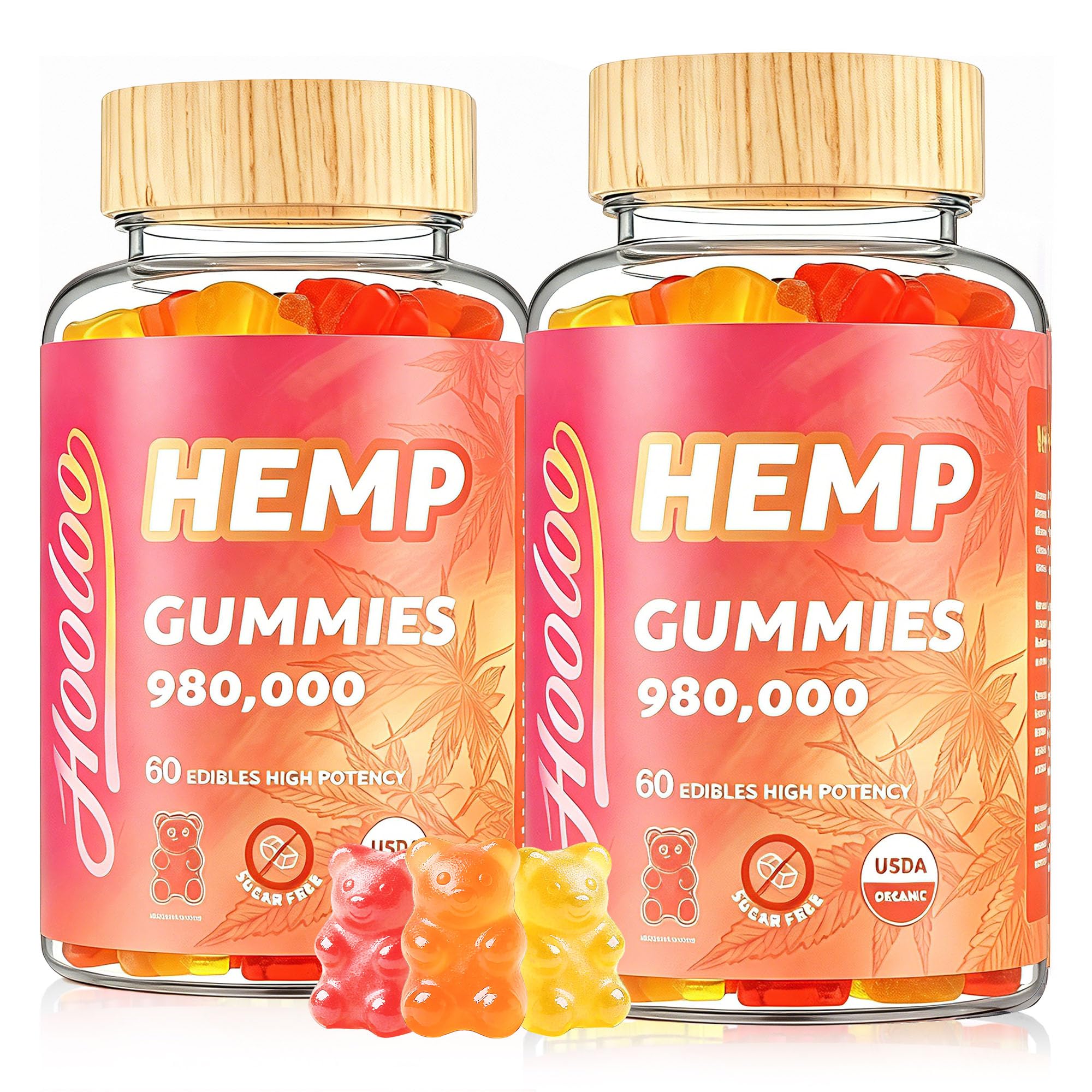 HOOLOO Hemp Gummies Fruity, 980,000 Bears Sugar Free Hemp Gummy for Adults, Made in USA 980,000 - 2 Packs