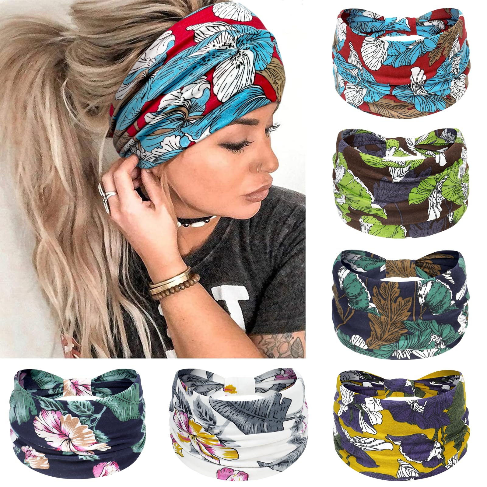 Awumbuk Wide Headbands for Women Knotted No Slip Head Bands Soft Turban Headband Hair Accessories Boho African Solid Color Head Wraps for Women Yoga Workout Pack of 6