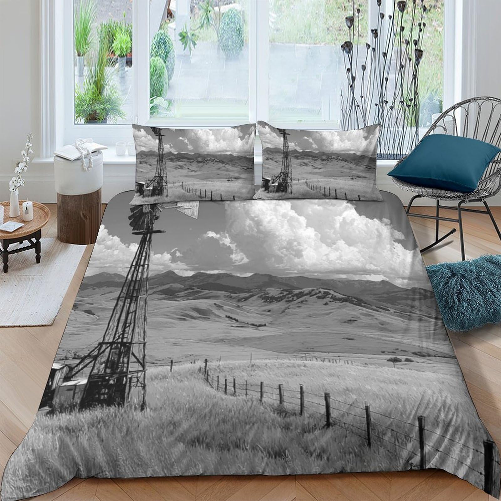 GPLZQXKJNH 3D Printed Countryside Windmill Duvet Cover Set Microfiber Soft Breathable Black White Landscape Bedding with 2 Pillowcases for Home Bedroom Single（135x200cm）