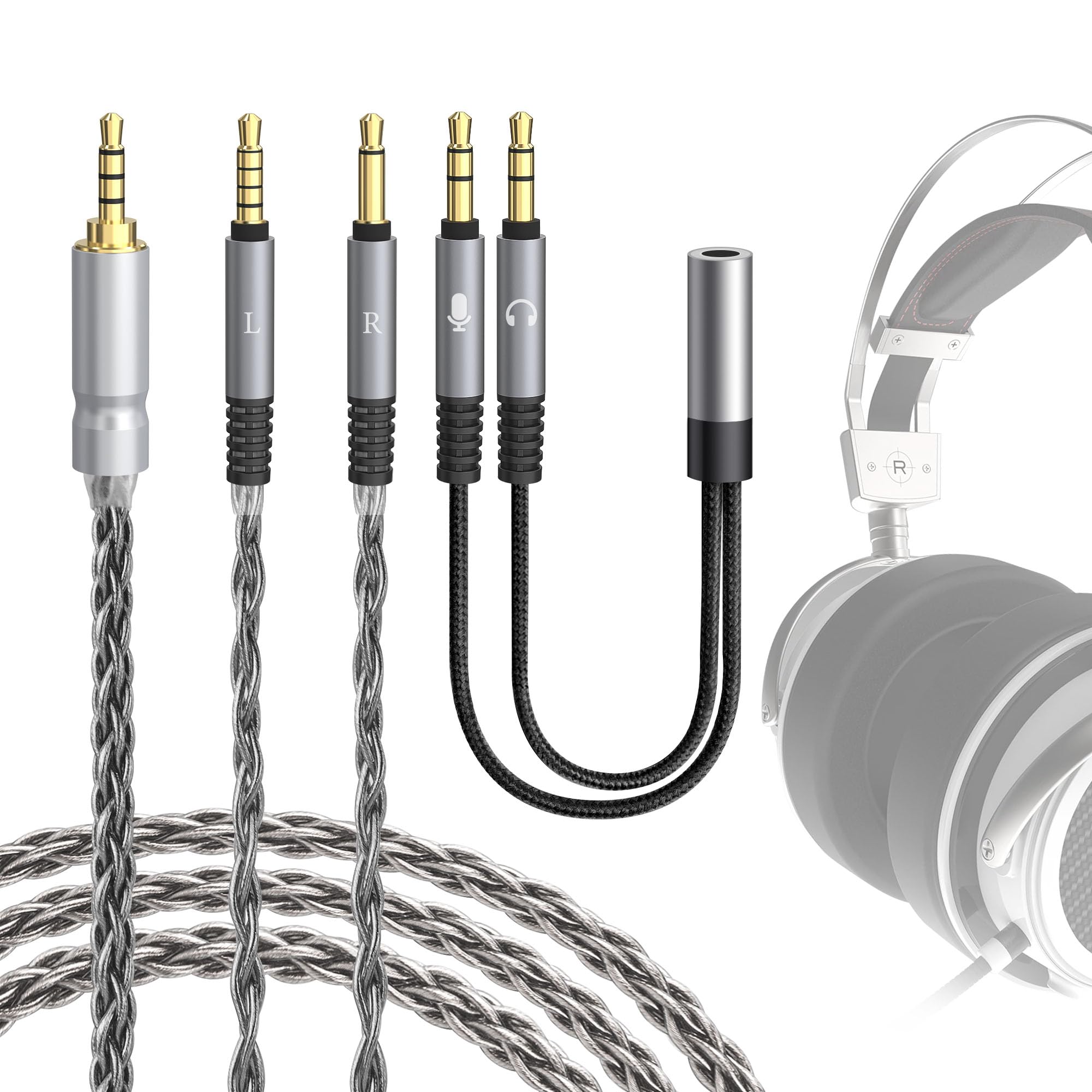 Cable de audio de repuesto actualizado de cobre plateado Geekria Apollo, compatible con auriculares gaming VZR Model One/MKII, 3,5 mm (1/8") a doble 3,5 mm (4,9 ft / 1,5 m)