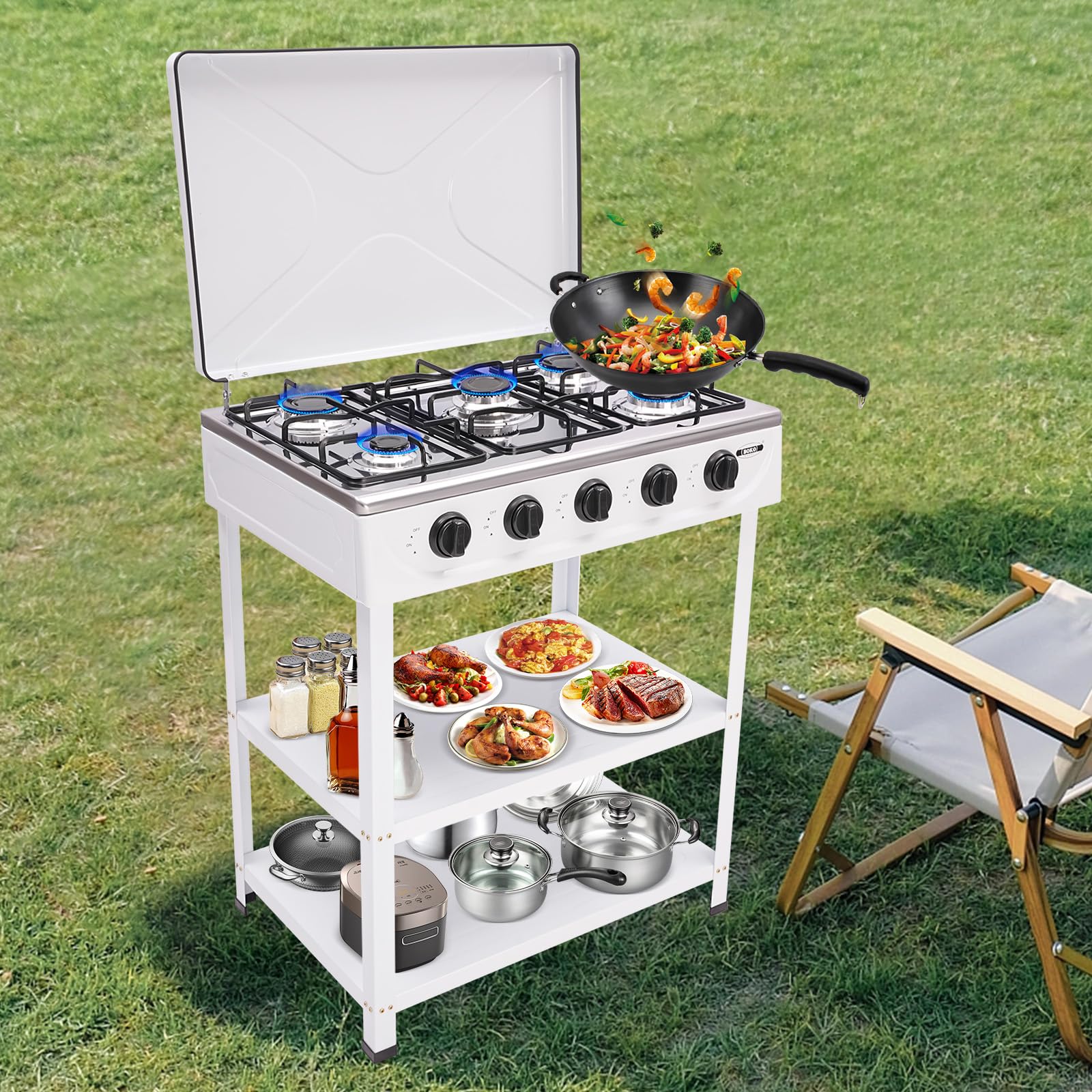 Propane Gas Stove,5 Burner Propane Burner,Auto Ignition Camping Stove with Support Leg Stand, Portable Gas Stove for Outdoor Activities(White)