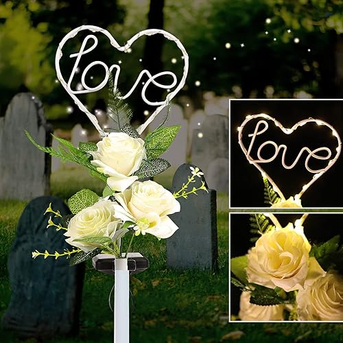 Miniatura 6 de Joyathome Luces solares de 16 pulgadas con 3 flores artificiales, arte de jardín de metal para patio, césped, jardín, decoración solar al aire libre