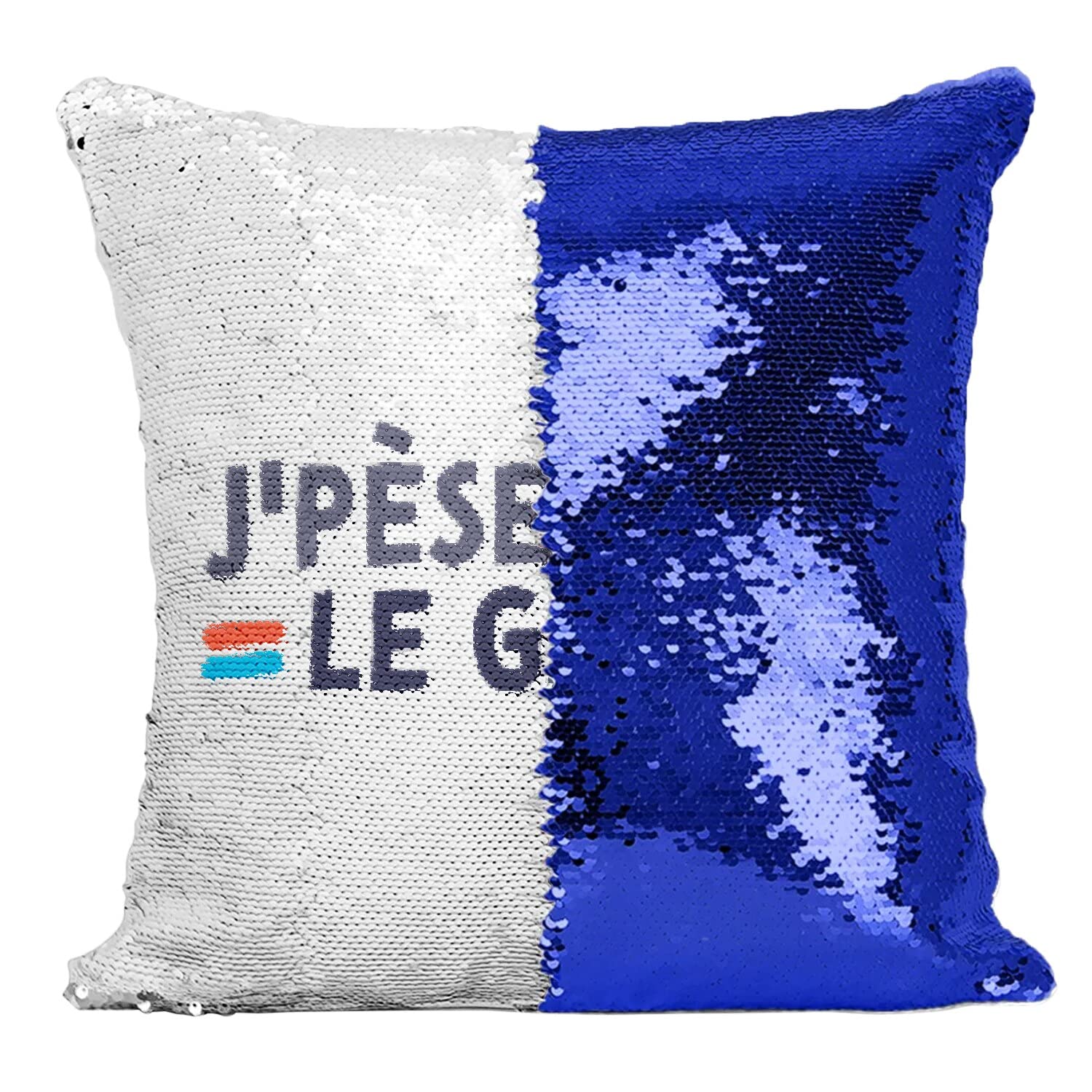 Coussin bleu avec housse sequin paillettes j'pèse dans le game rap jeux-vidéo