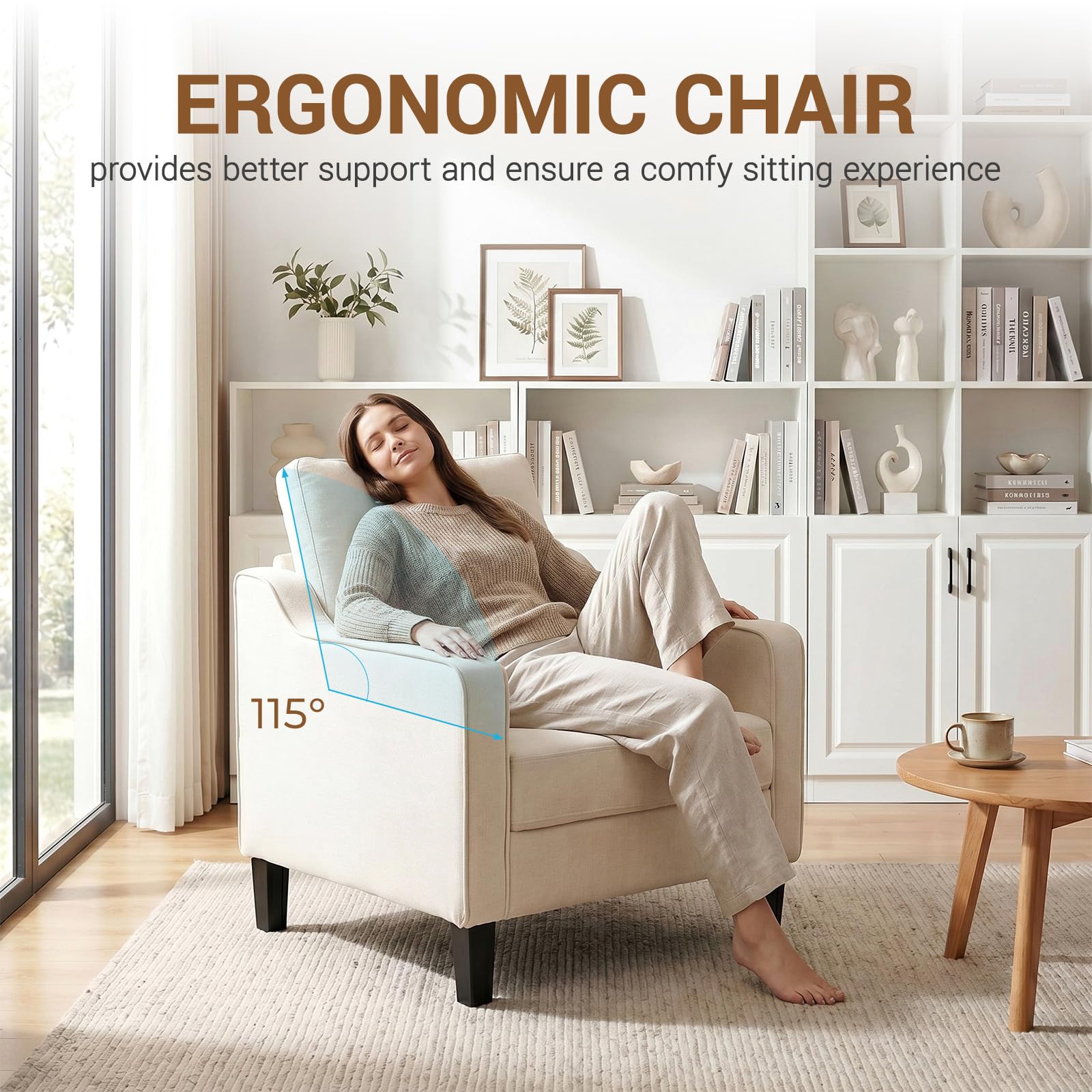 Clevich Sessel Gepolstert, Loungesessel aus Chenille, Mid-Century-Akzentstuhl, Polstersessel mit Armlehnen, Ohrensessel für Schlafzimmer, Fernsehsessel für Wohnzimmer, Komfort (1pc, Beige)