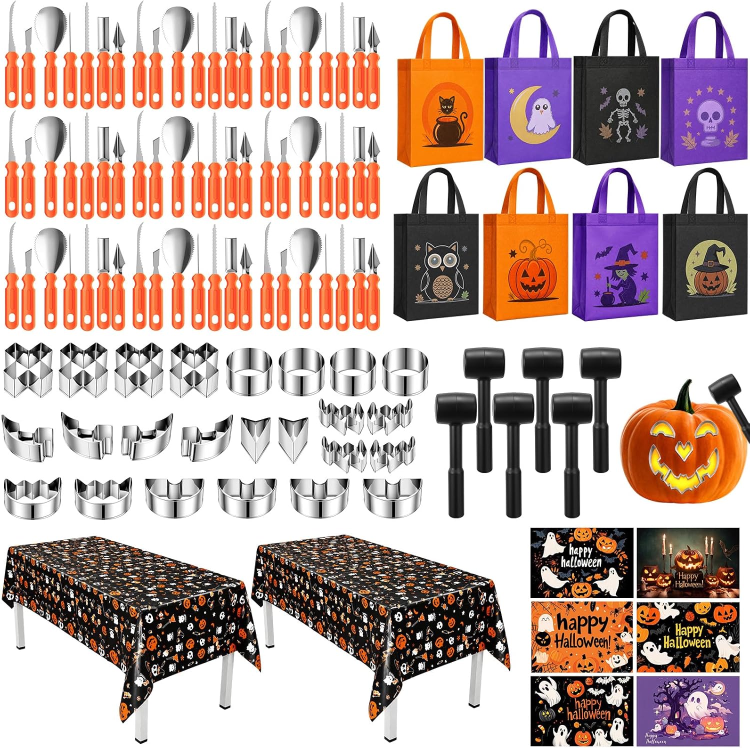 86 Pcs Halloween Pumpkin Carving Kit for 6 Person, Jack O Lantern Making Set with Stainless Steel Stencils, Tools, Rubber Mallets, Aprons, Tote Bags and Tablecloth for Family Party