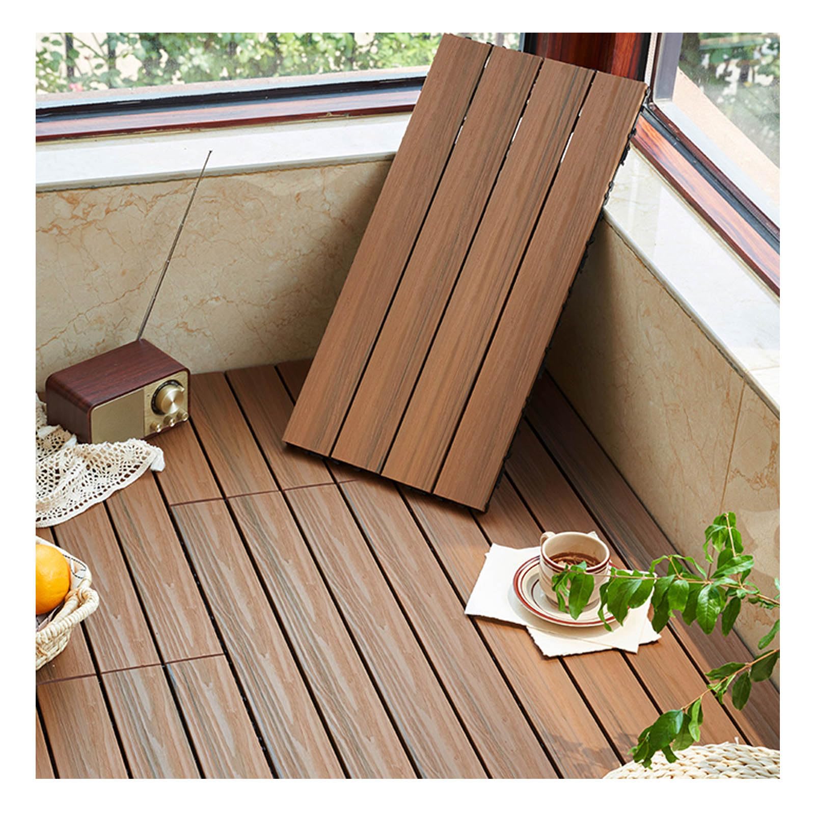 WPC Baldosa de Madera, Suelo de WPC con Sistema de Enchufe Suelos de Plástico Compuesto de Exterior para Terraza Jardin Café C3 12pcs