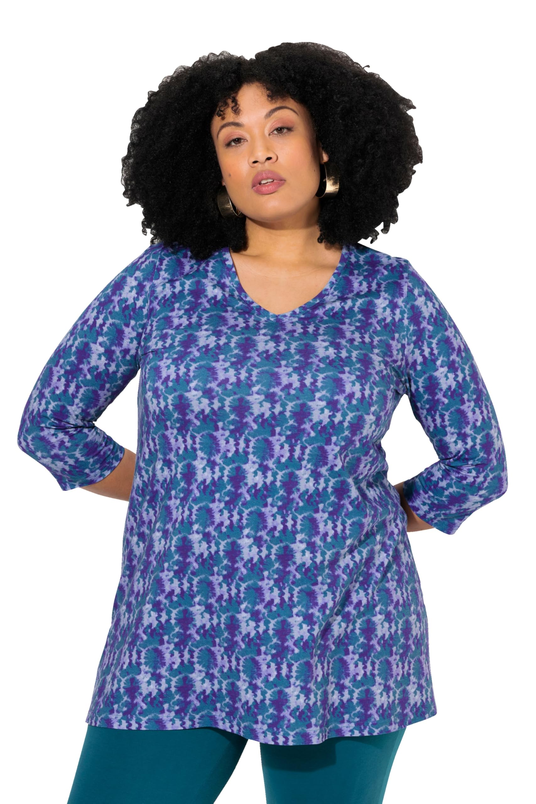Ulla Popken Damen große Größen Übergrößen Plus Size Longshirt, Batikmuster, A-Linie, V-Ausschnitt, 3/4-Arm 832888