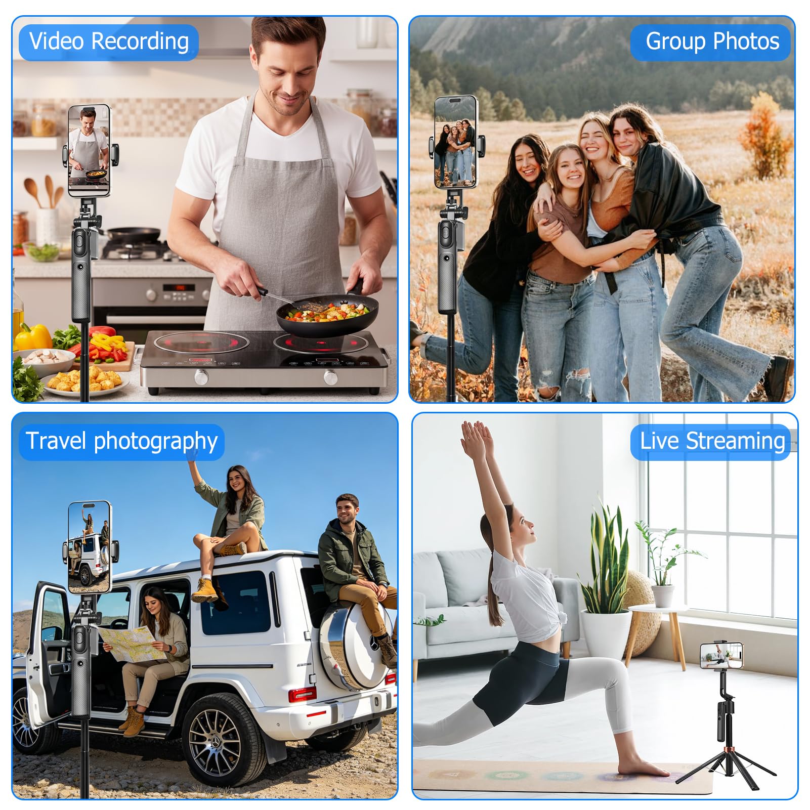 Perche à selfie pour téléphone portable, 160 cm, trépied de suivi du visage de voiture en aluminium extensible avec télécommande pour smartphone, trépied portable pour voyage en direct