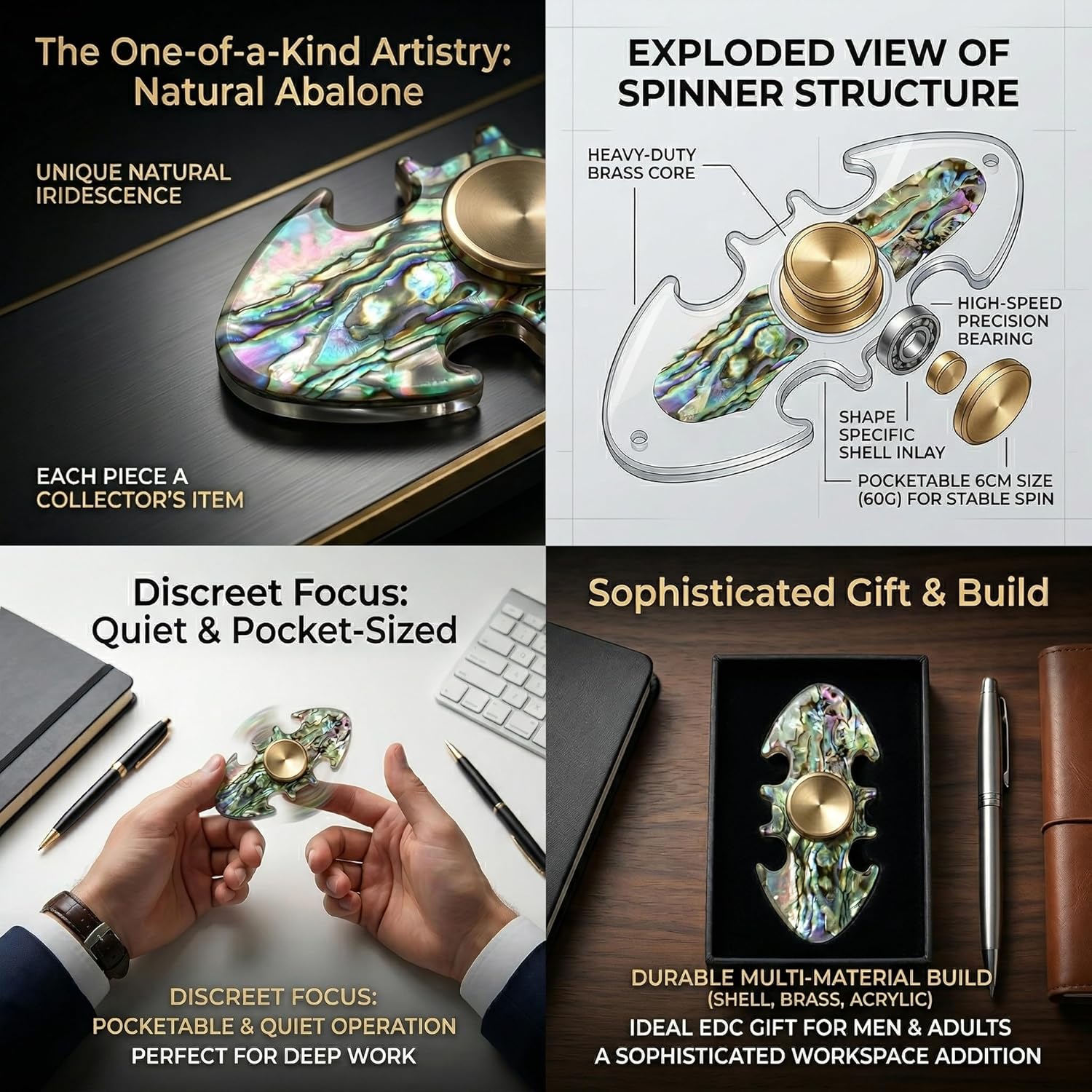 Metal Fidget Spinner, Unique Abalone Shell & Brass Bat Hand Toy, Cool EDC Desk Gadgets for Men Adults, 360 Degree Rotation Focus Toy, Precision Machined Collectible, 60g 6cm