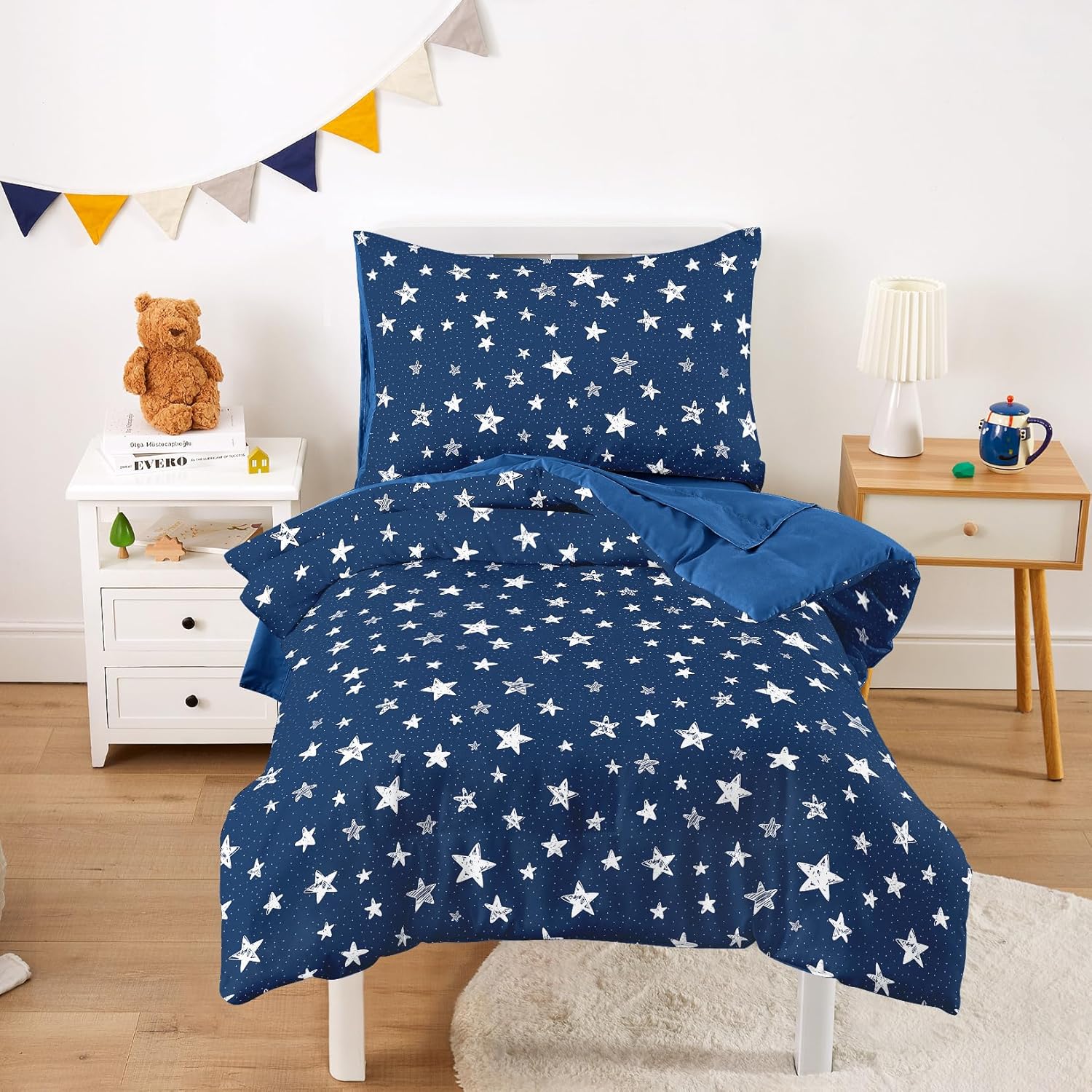 Wake In Cloud - Toddler Bedding Set for Boys Girls, Cute Star Polka Dot, 4 Pieces Soft Crib Bed Set Including Comforter, Sheets and Pillowcase, Navy Blue