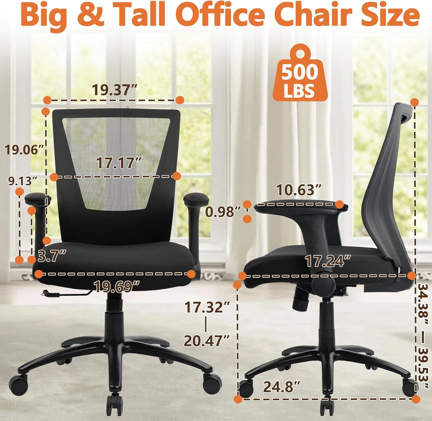 CLATINA 500lbs Big and Tall Office Chair Heavy Duty Ergonomic Mesh Desk Chairs with Wide Thick Seat Cushion and Adjustable Armrests for Home Office Conference Heavy People, Black(2 Pack)