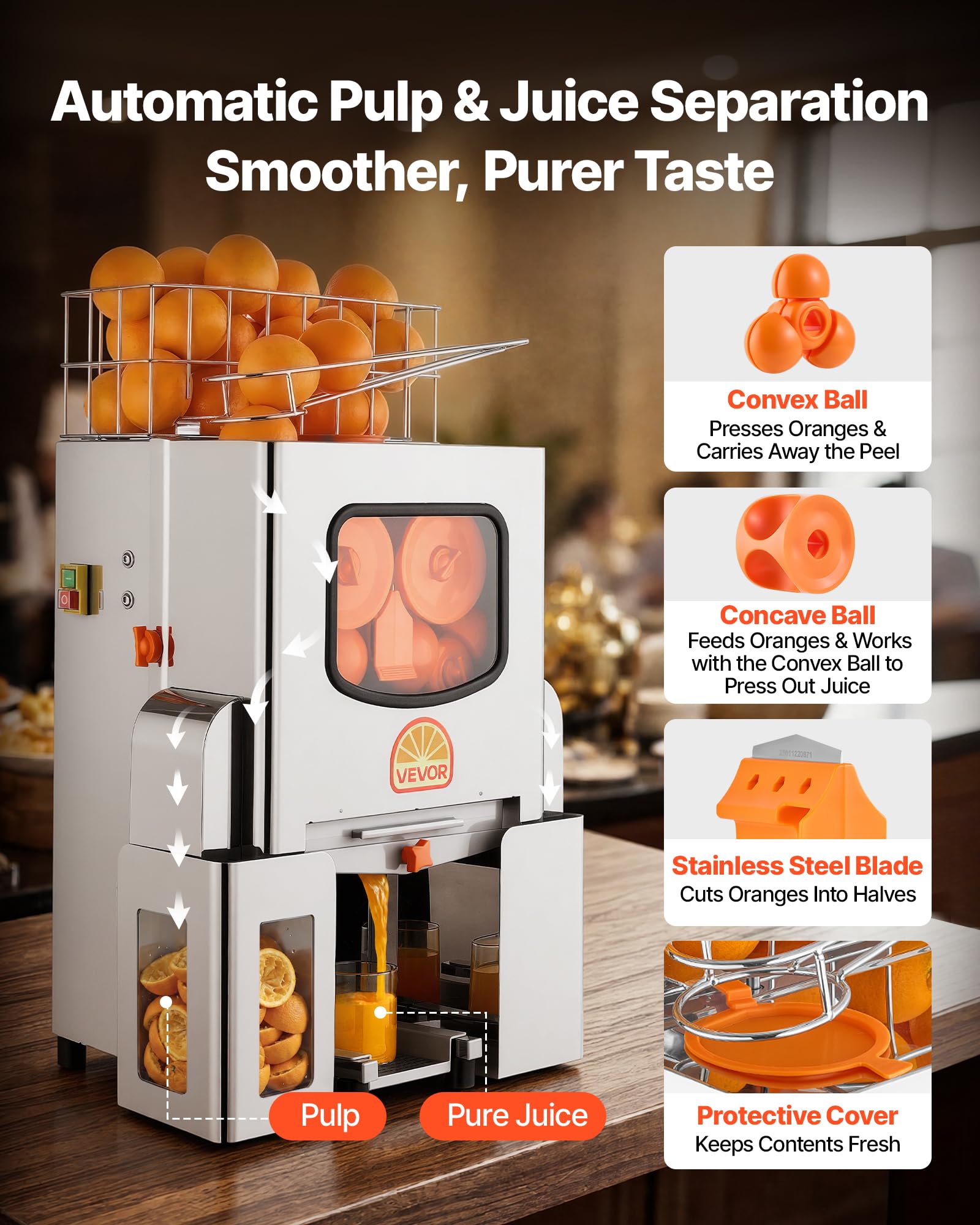 VEVOR Exprimidora de Naranjas Comercial 120 W Tapa de Acero Inoxidable, Eléctrica, Con 2 Recipientes Recolectores, Capacidad para Hasta 20 Naranjas por Minuto, Para Limones y Cítricos de 55-80 mm